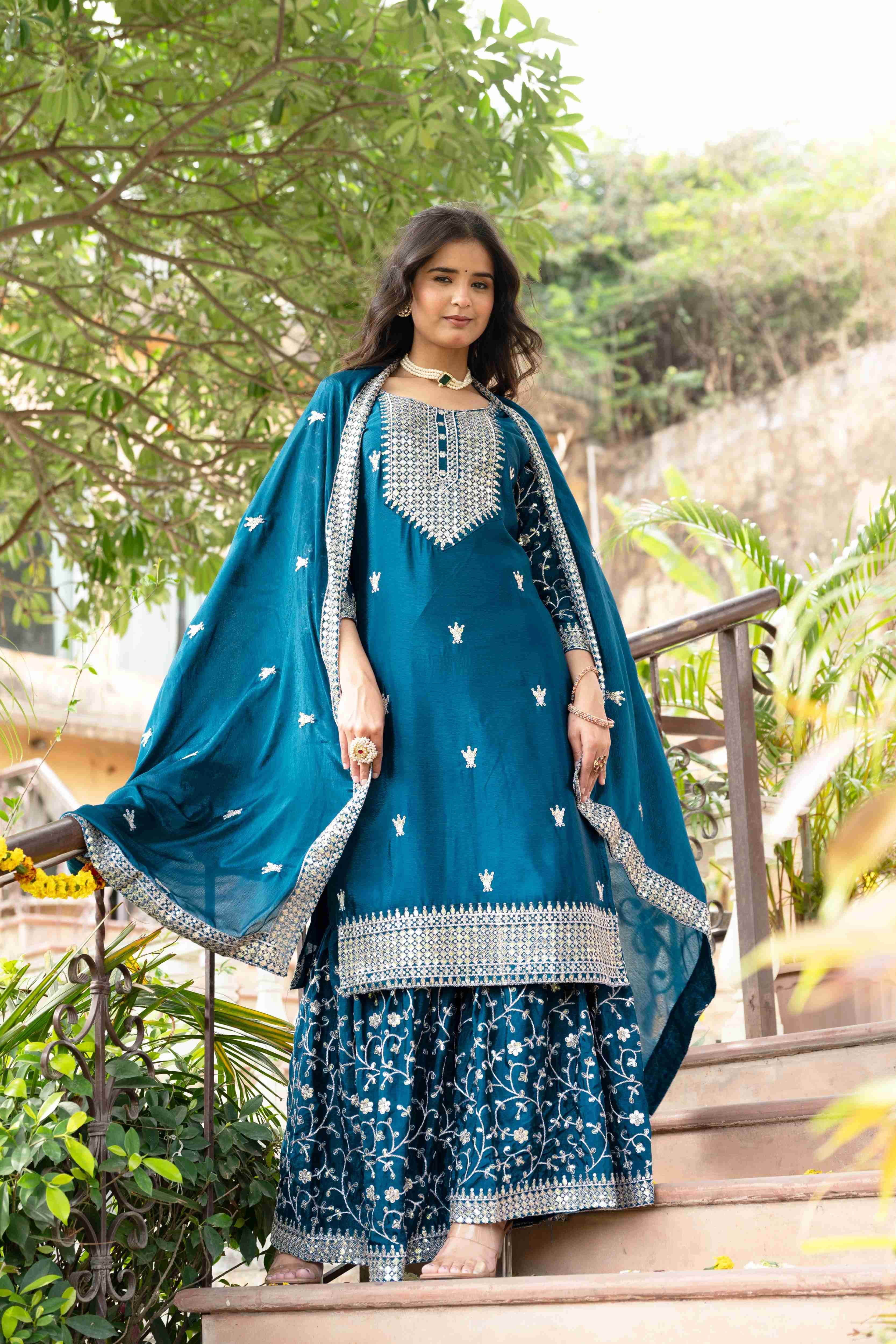 Beautiful Teal Blue  Chinon Sequence Embroidery Wedding Wear Sharara Suit With Dupatta