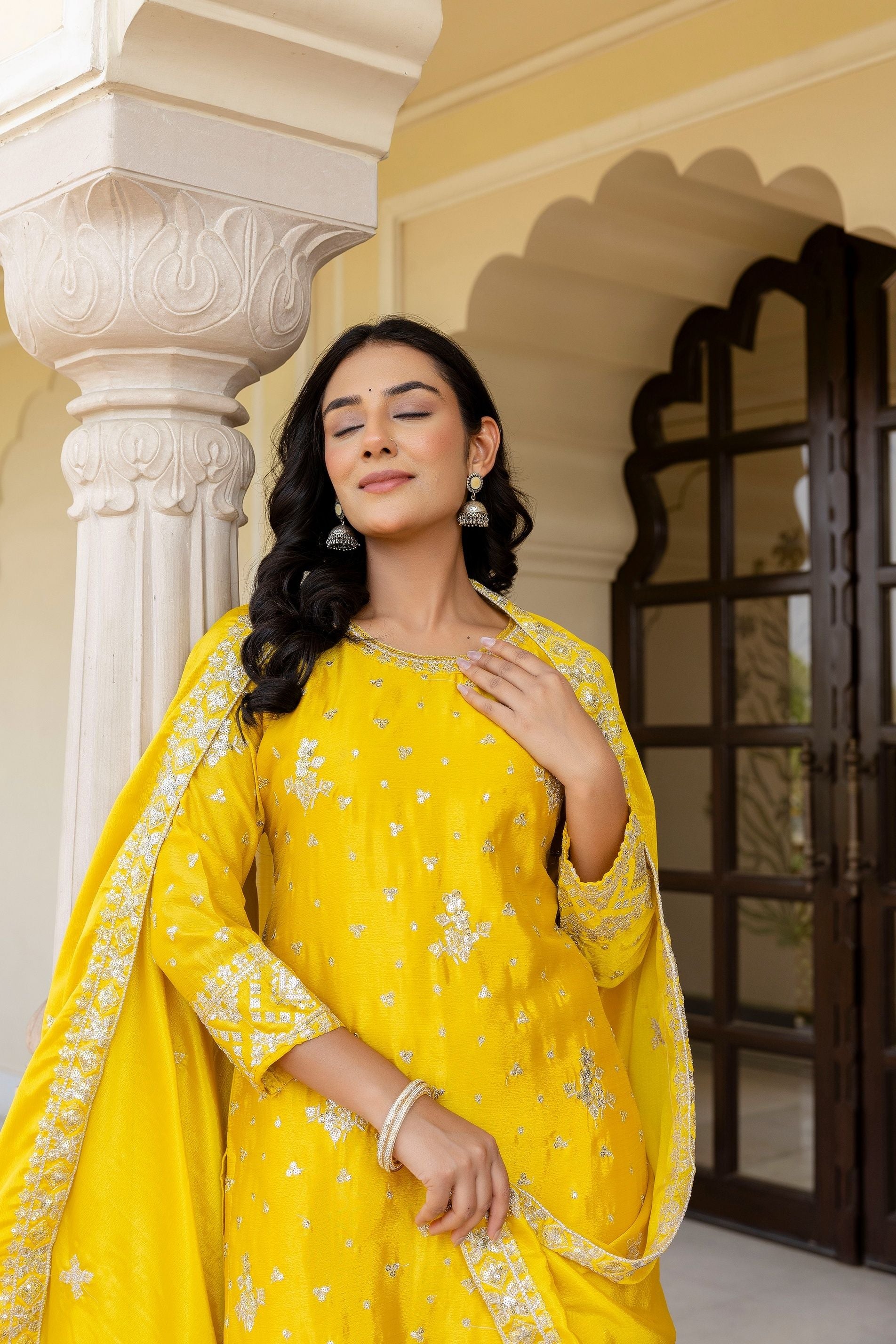 Fantastic Sunshine Yellow Chinon Embroidery Sequence Party Wear Sharara Suit With Dupatta