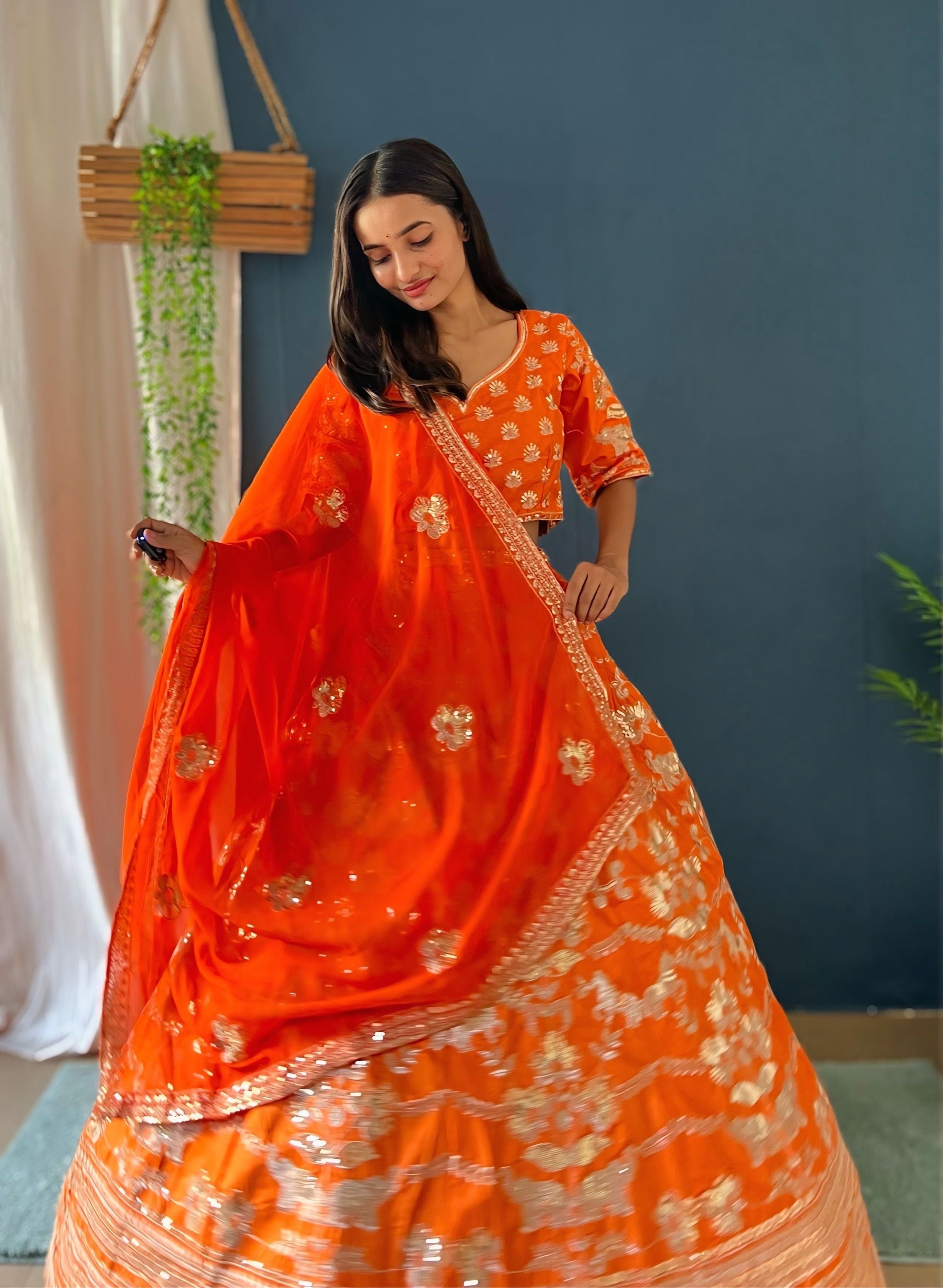 Vibrant Orange Jalpari silk With Sequence Zari Designer Bridal Wear Lehenga Collection