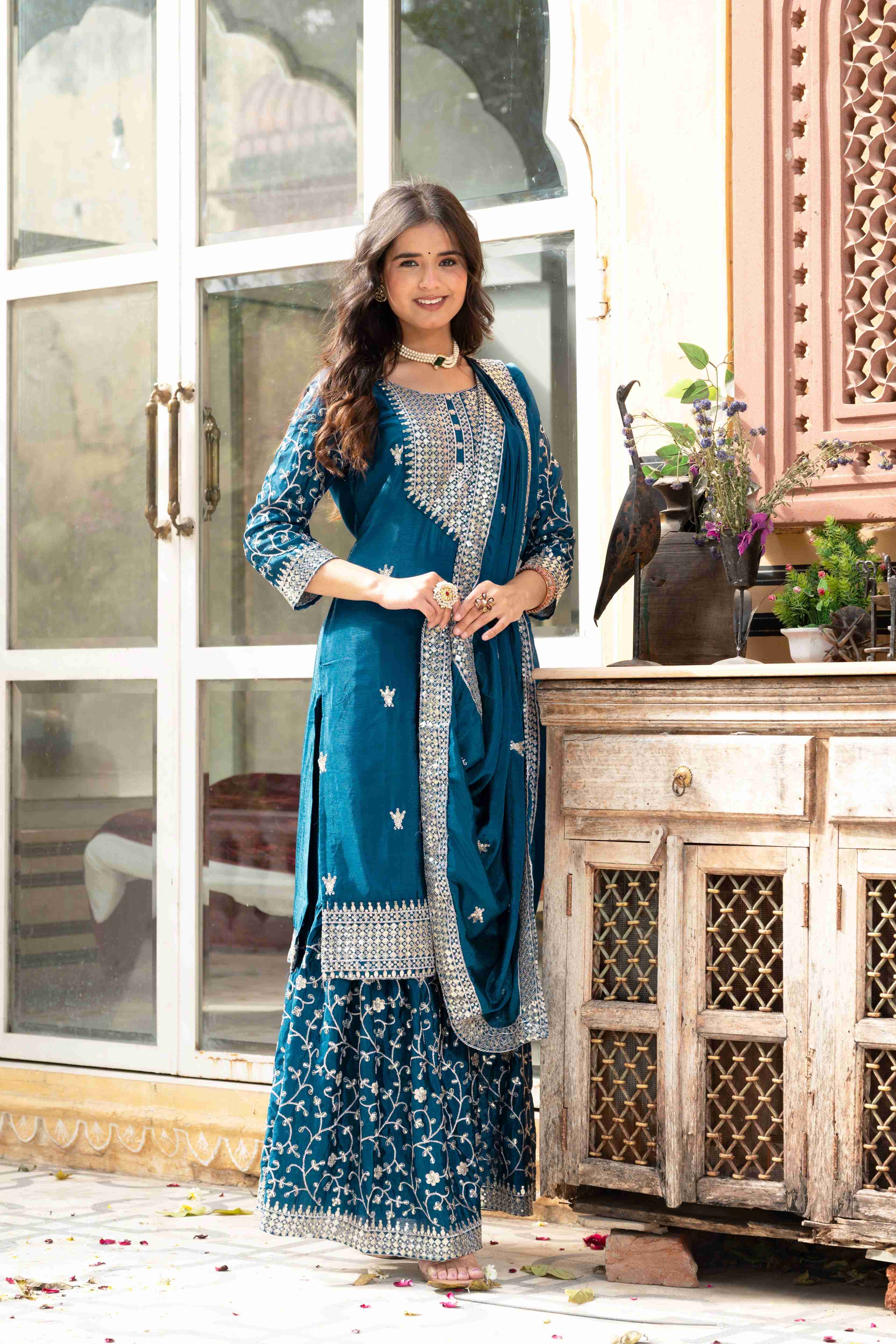 Beautiful Teal Blue  Chinon Sequence Embroidery Wedding Wear Sharara Suit With Dupatta