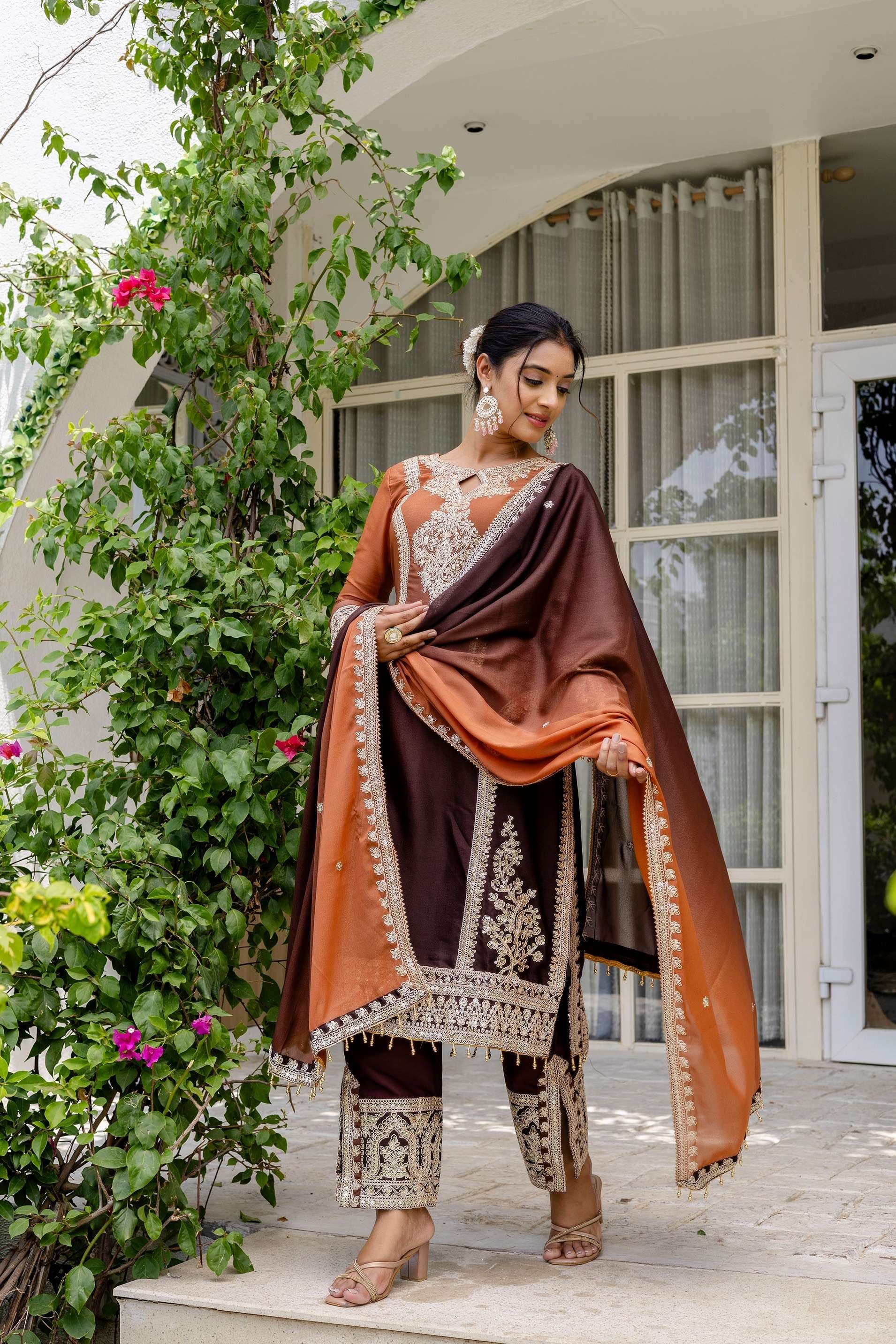Alluring Coffe Brown pedding Embroidery Sequence Work Festival Wear Pant Suit