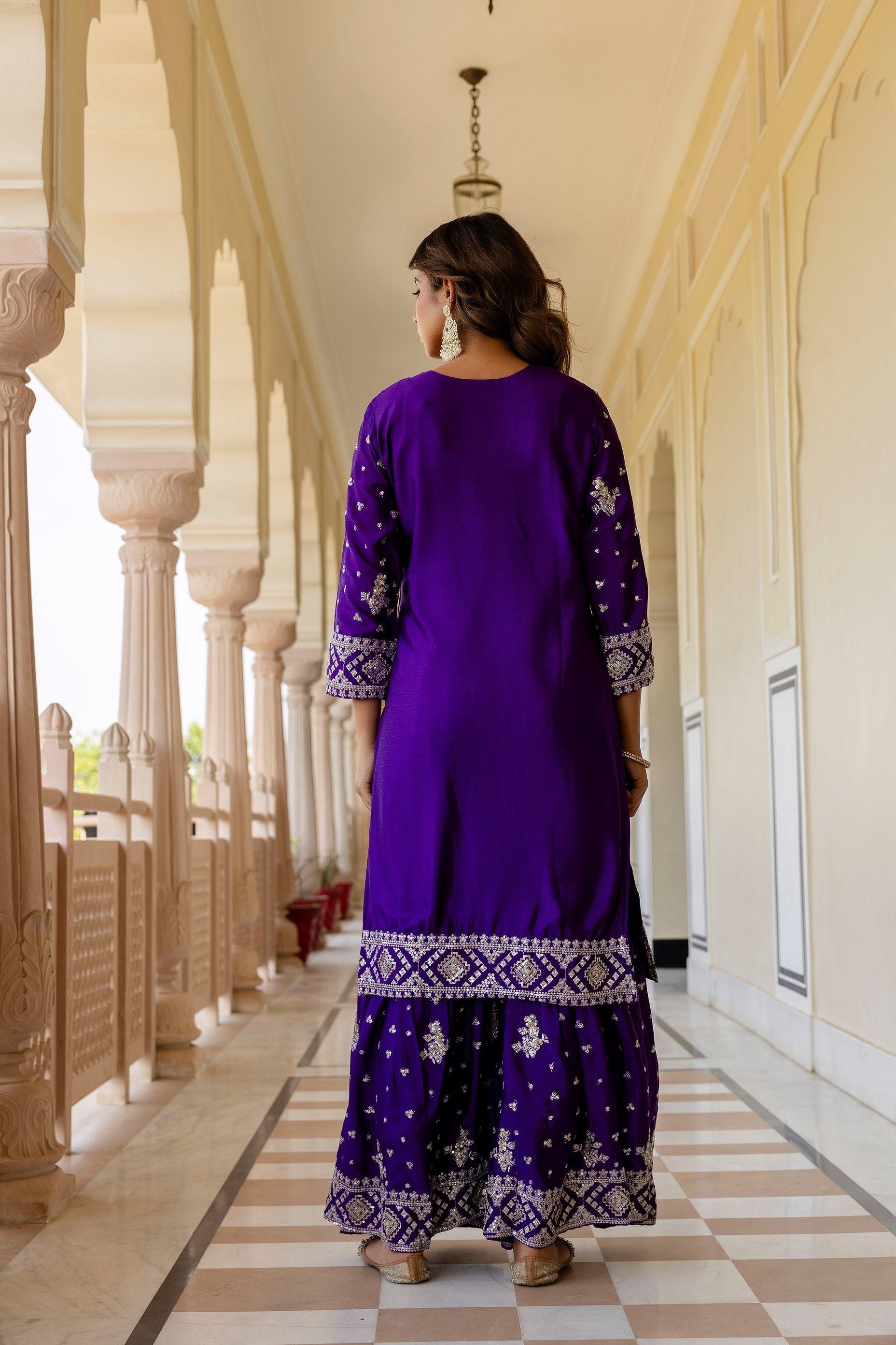 Royal Purple Chinon Embroidery Sequence Party Wear Sharara Suit With Dupatta