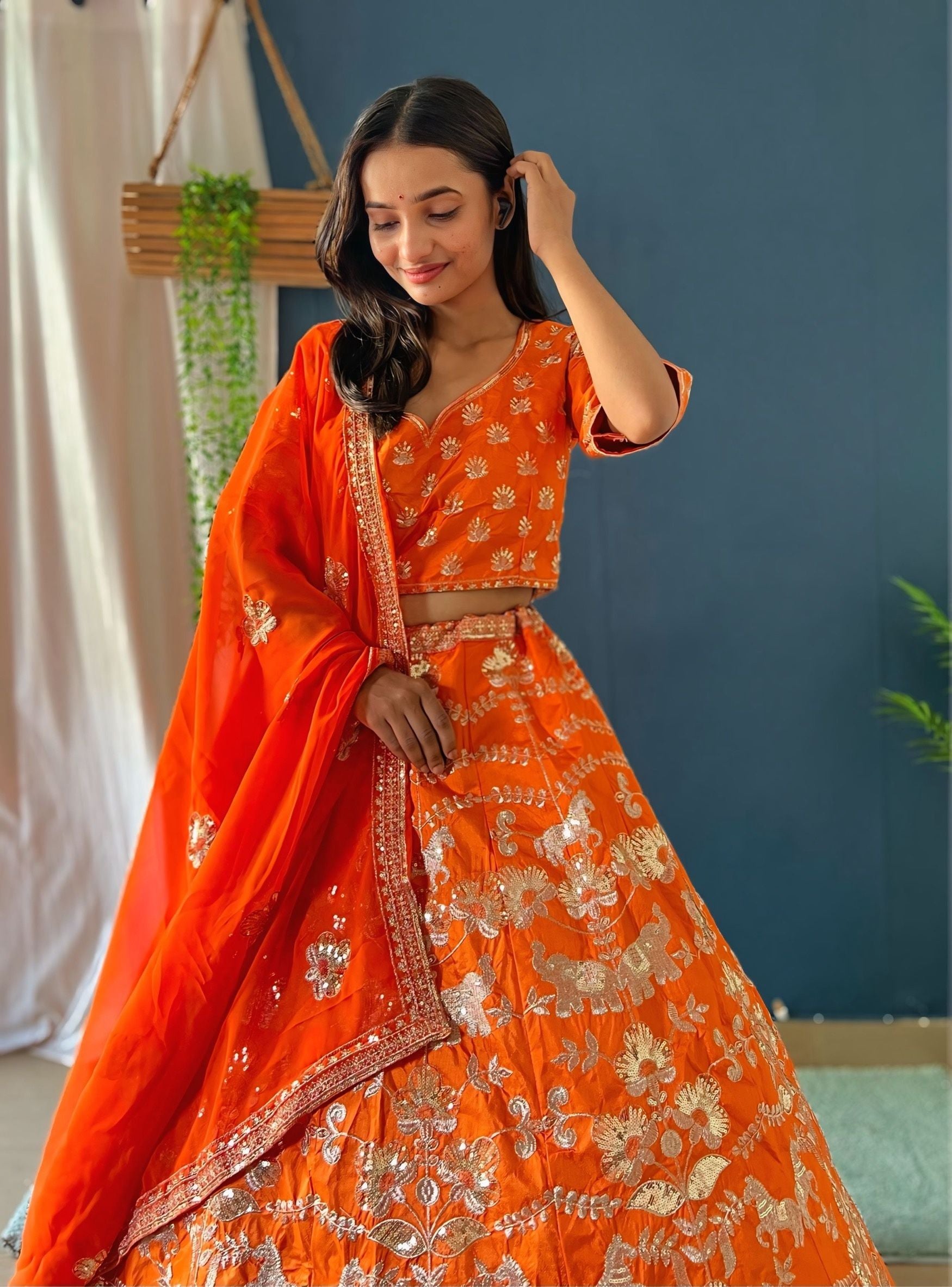 Vibrant Orange Jalpari silk With Sequence Zari Designer Bridal Wear Lehenga Collection