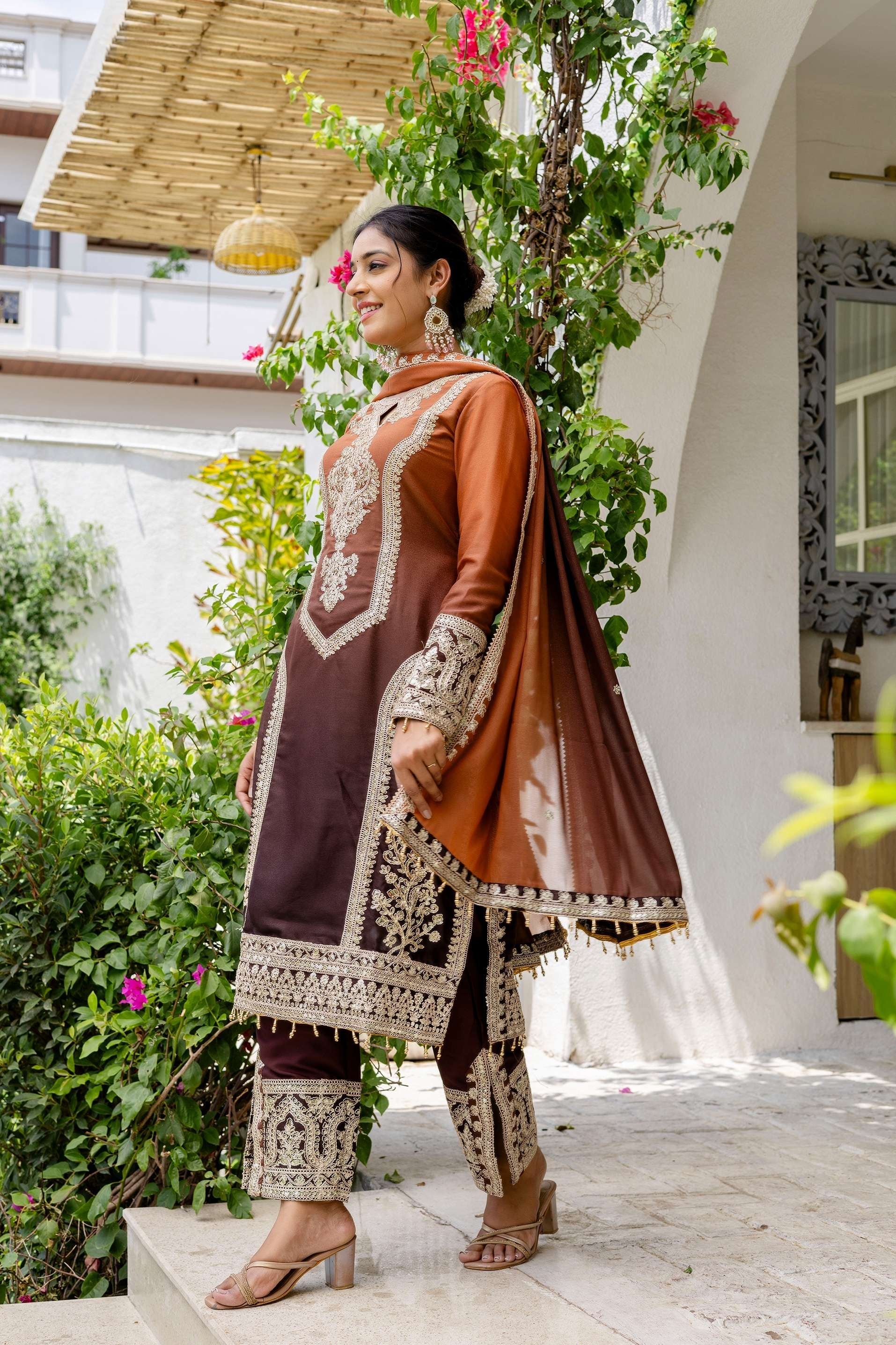 Alluring Coffe Brown pedding Embroidery Sequence Work Festival Wear Pant Suit