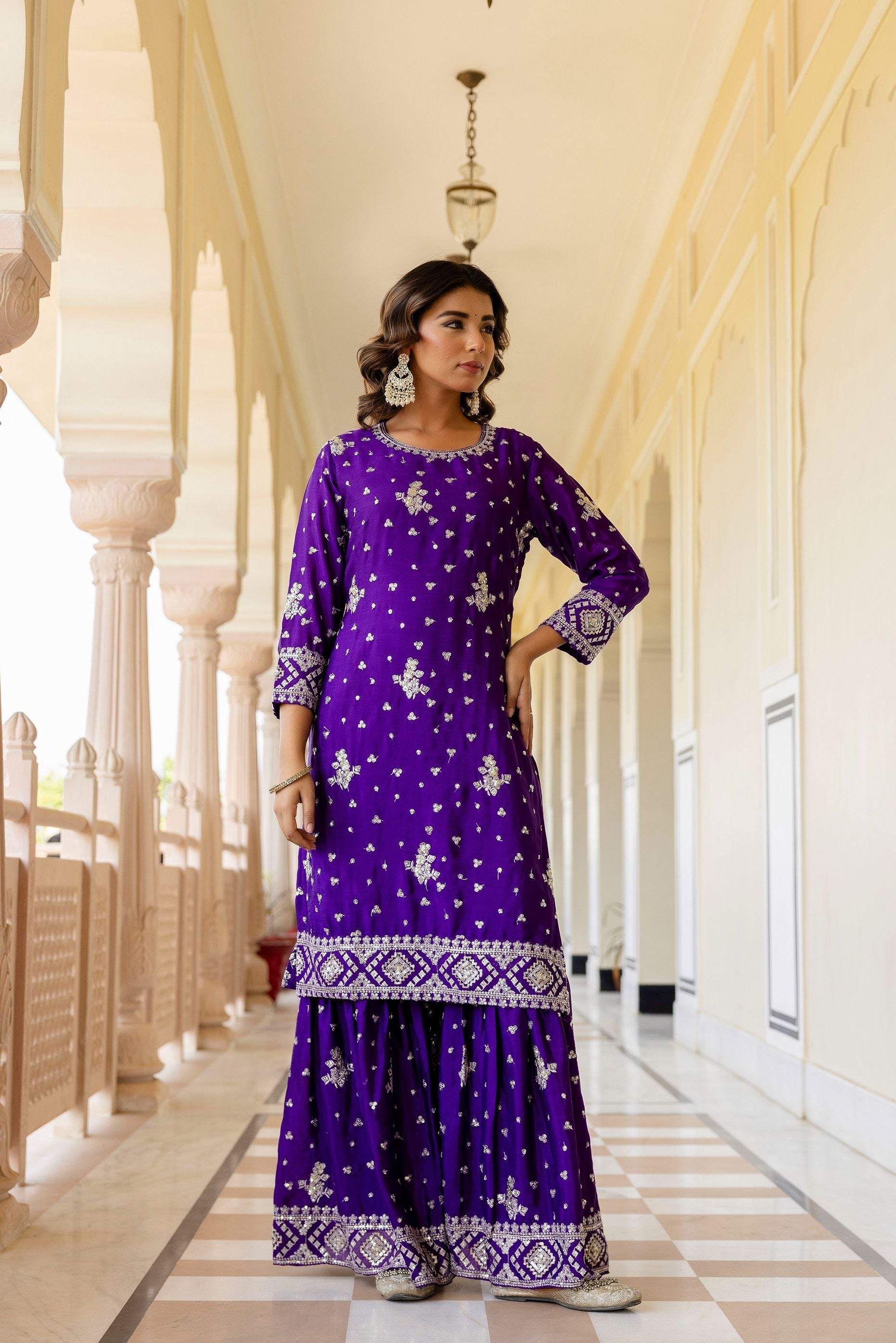 Royal Purple Chinon Embroidery Sequence Party Wear Sharara Suit With Dupatta