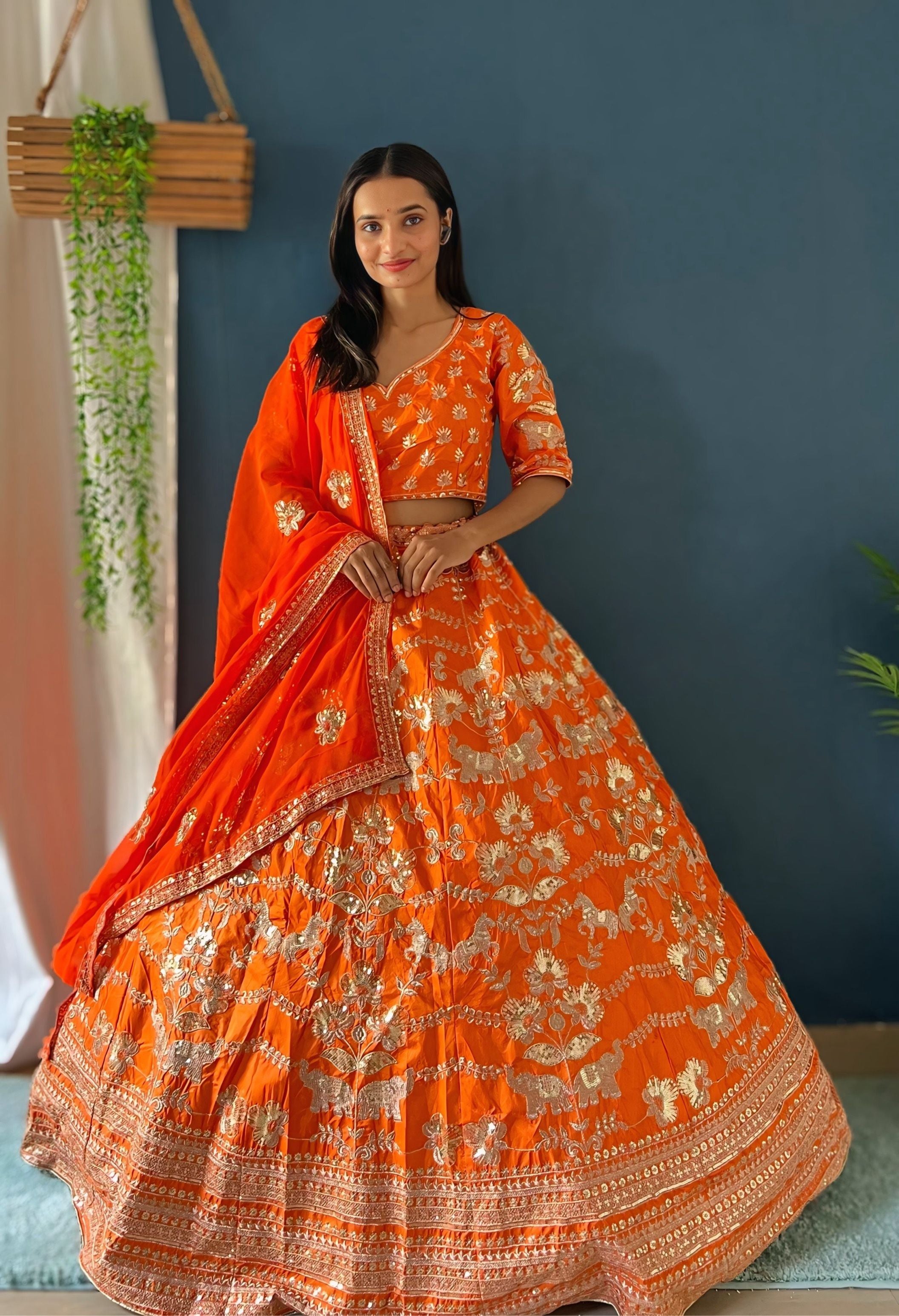 Vibrant Orange Jalpari silk With Sequence Zari Designer Bridal Wear Lehenga Collection