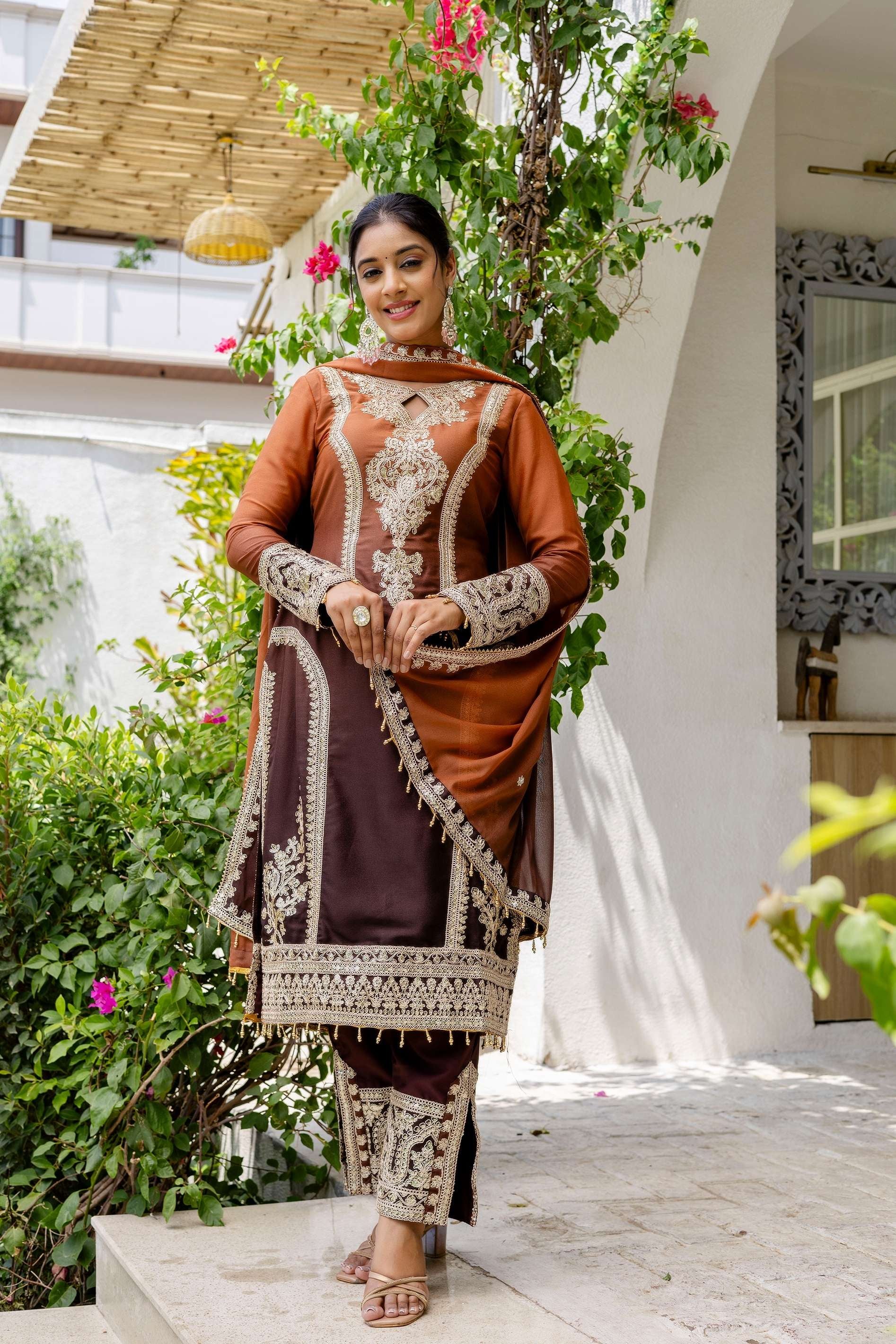 Alluring Coffe Brown pedding Embroidery Sequence Work Festival Wear Pant Suit