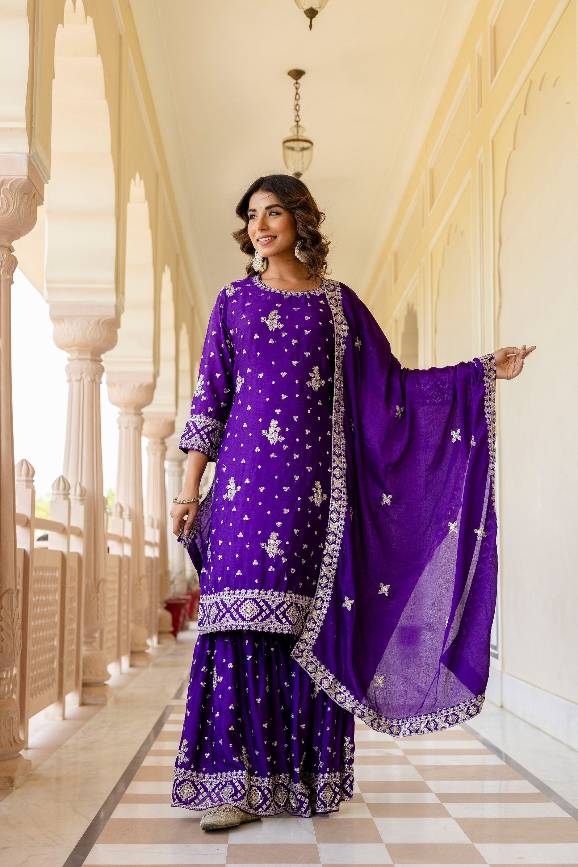Royal Purple Chinon Embroidery Sequence Party Wear Sharara Suit With Dupatta