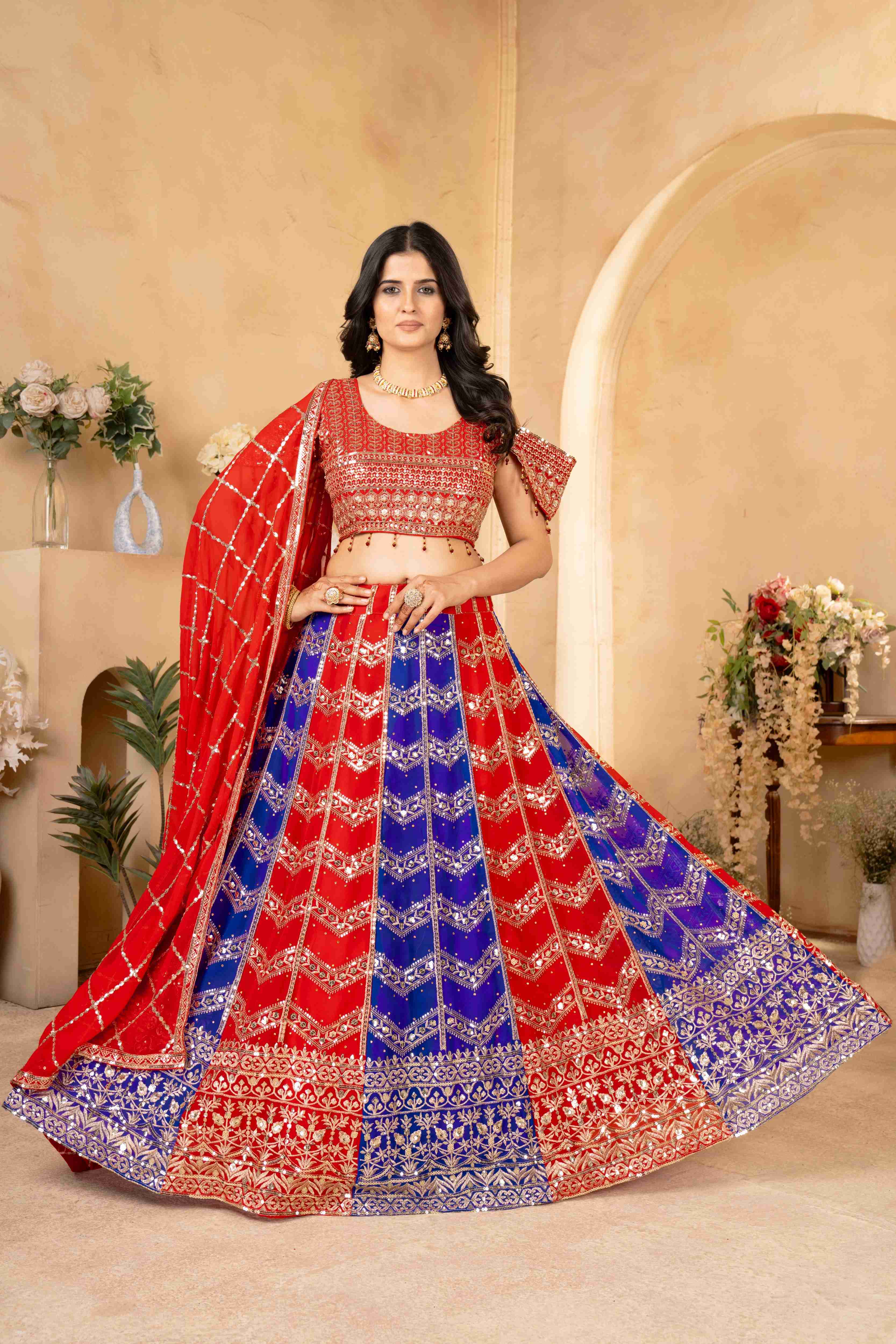 Beautiful Red-Blue Wedding Wear Embroidery Design Sequence Worked Lehenga set