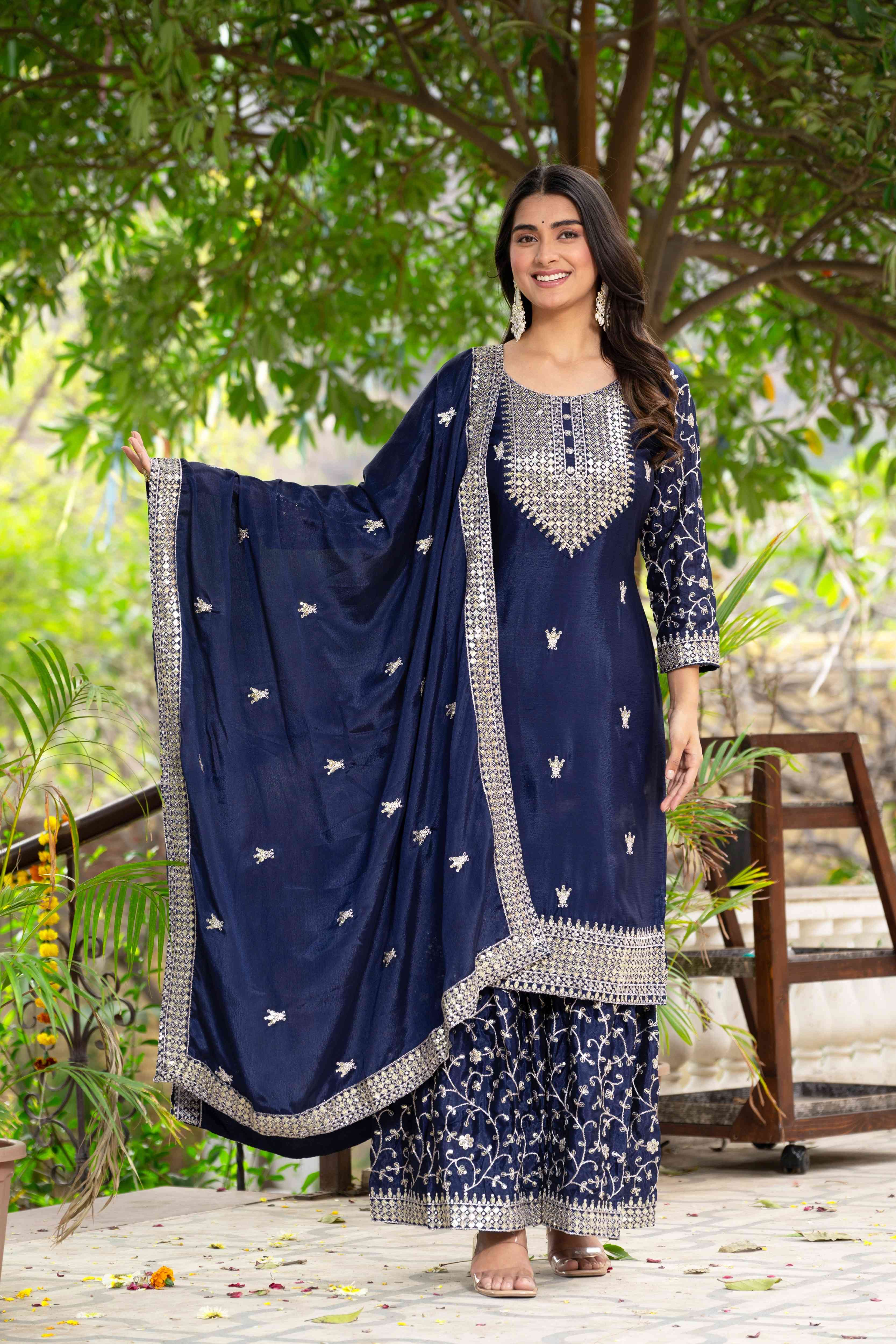 Enchanting Navy Blue Chinon Sequence Embroidery Wedding Wear Sharara Suit With Dupatta