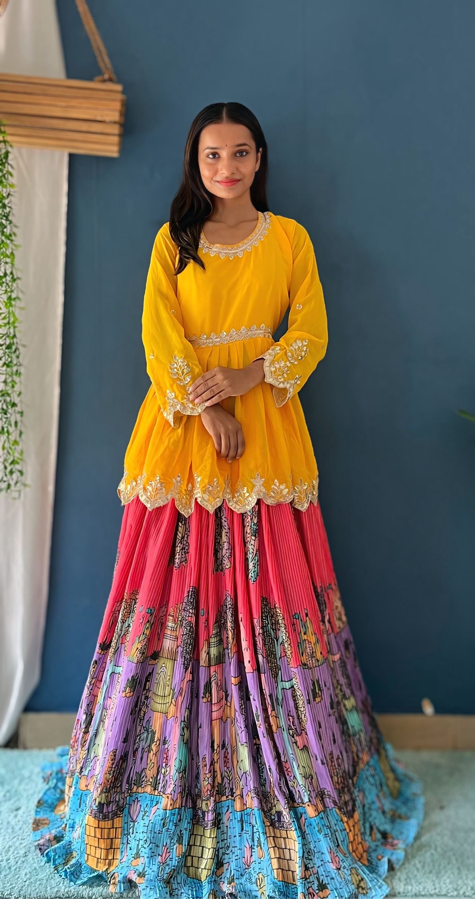 Impressive yellow And Multicolor Digital Printed Crease Pattern Lehenga Set