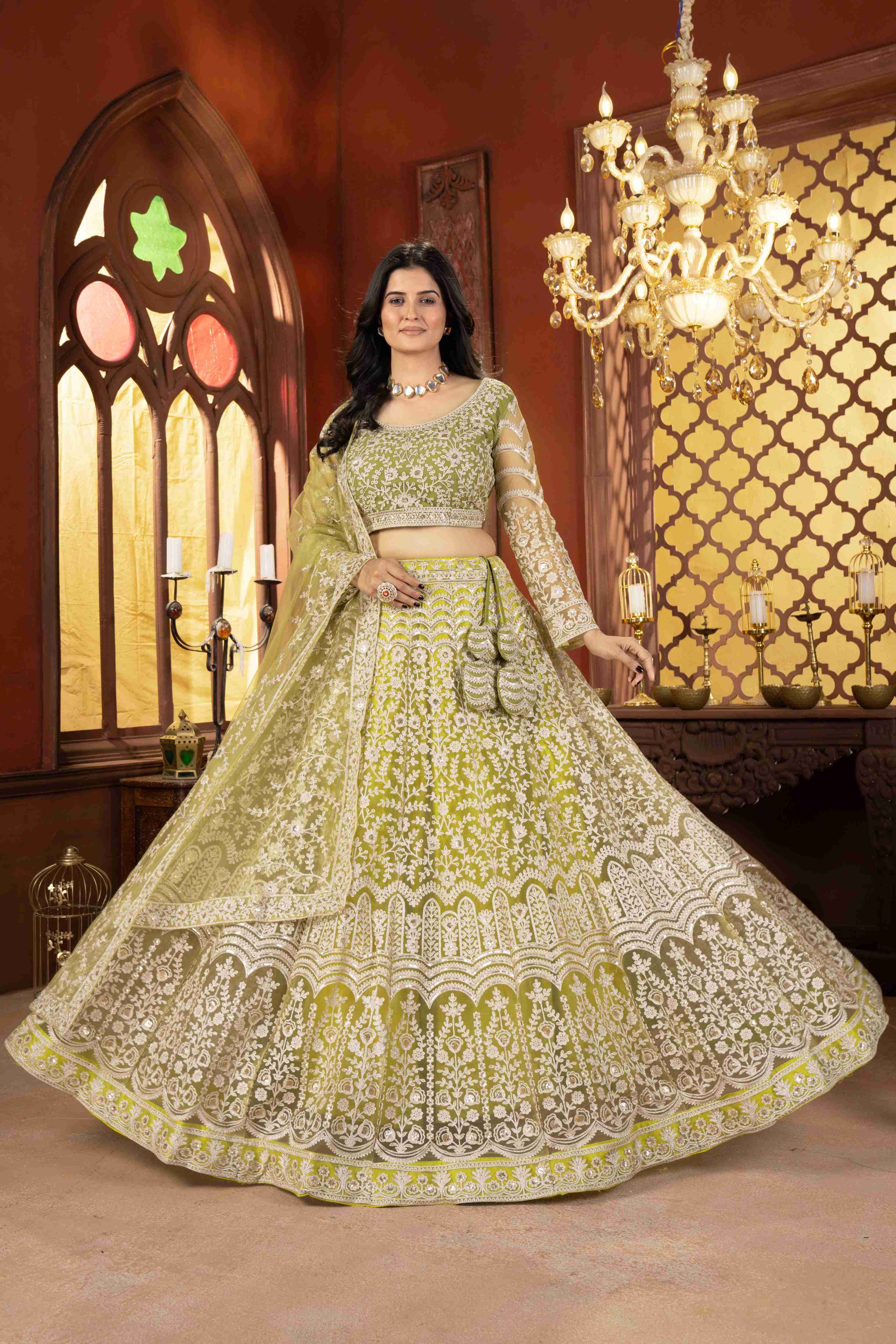 Mesmerizing Olive Green Net Mehndi Wear Embroidered Designer Lehnga Choli With Dupatta