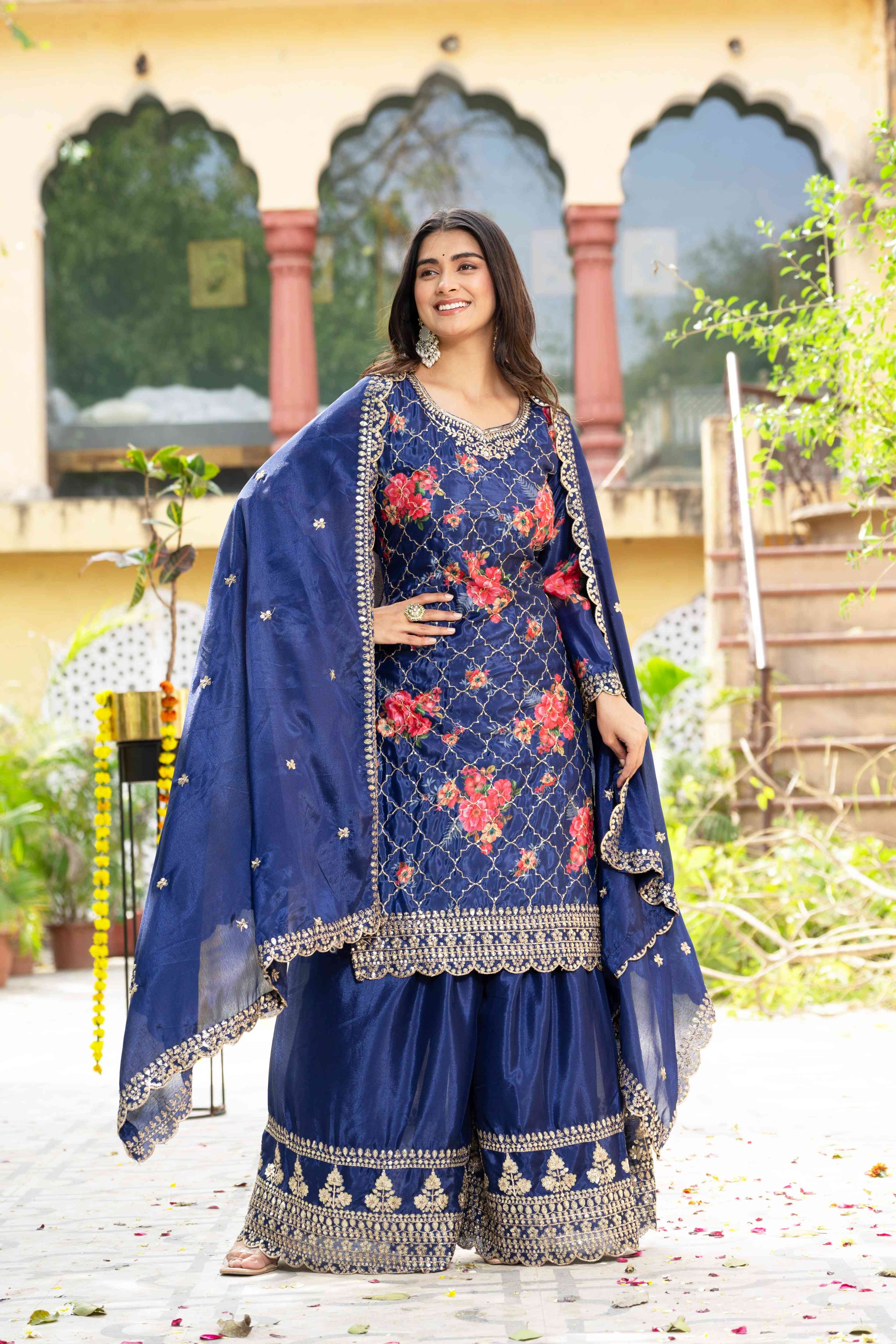 Glamorous Navy Blue Silk Digital Printed Embroidery Designer sharara Suit With Dupatta