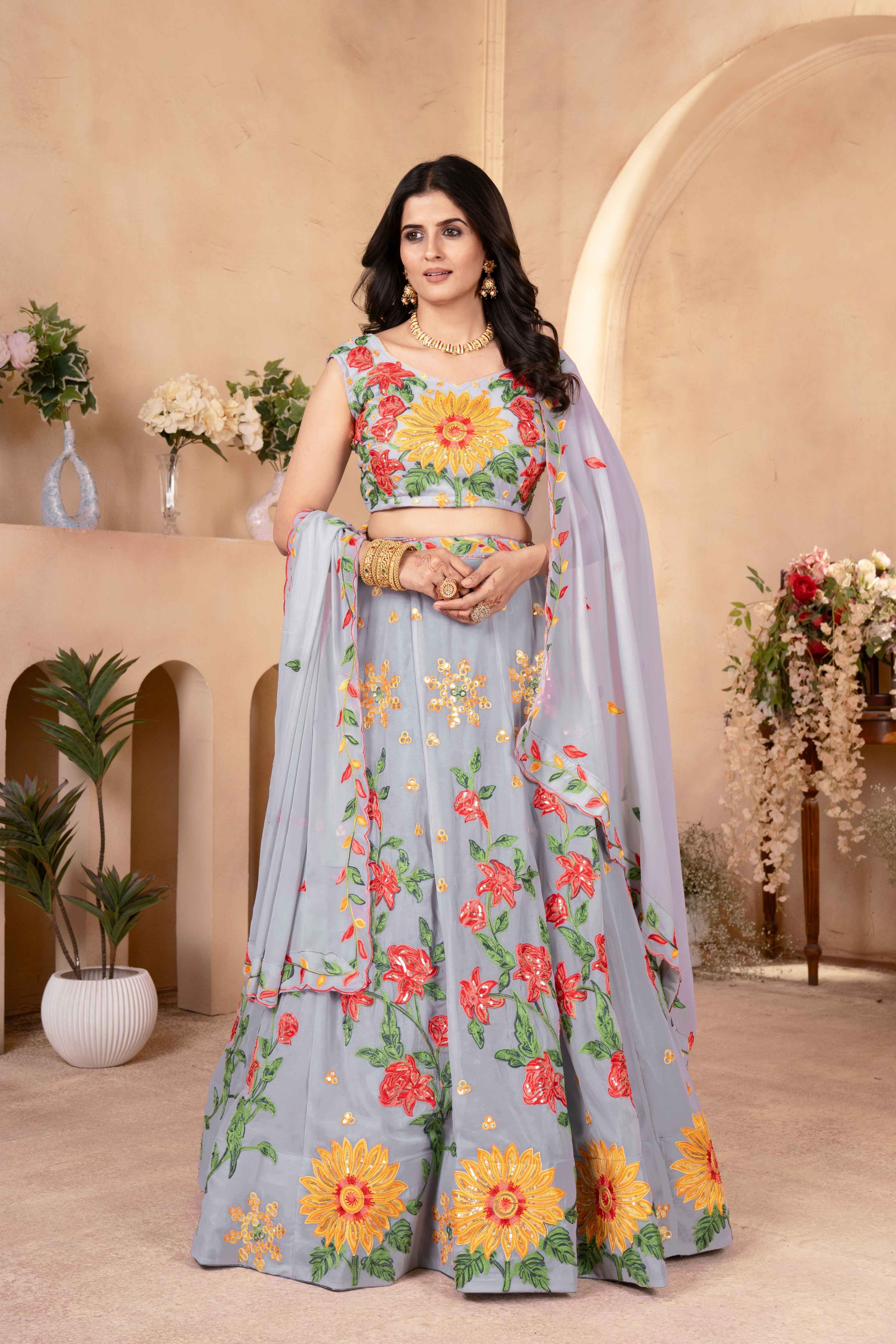 Amazing Grey Floral Embroidered  Event Wear Lehenga Choli With Dupatta