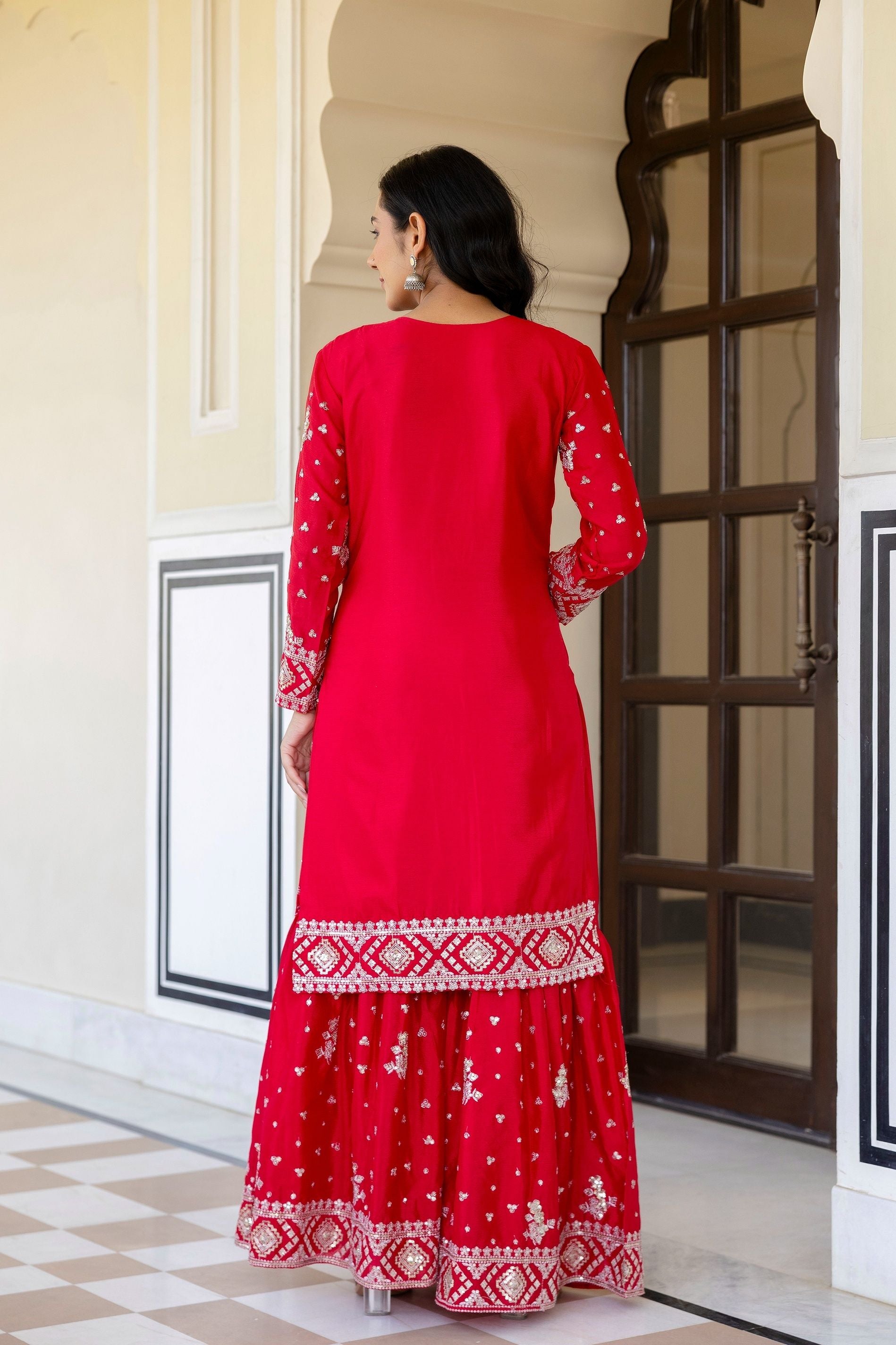 Vibrant Red Chinon Embroidery Sequence Wedding Wear Sharara Suit With Dupatta