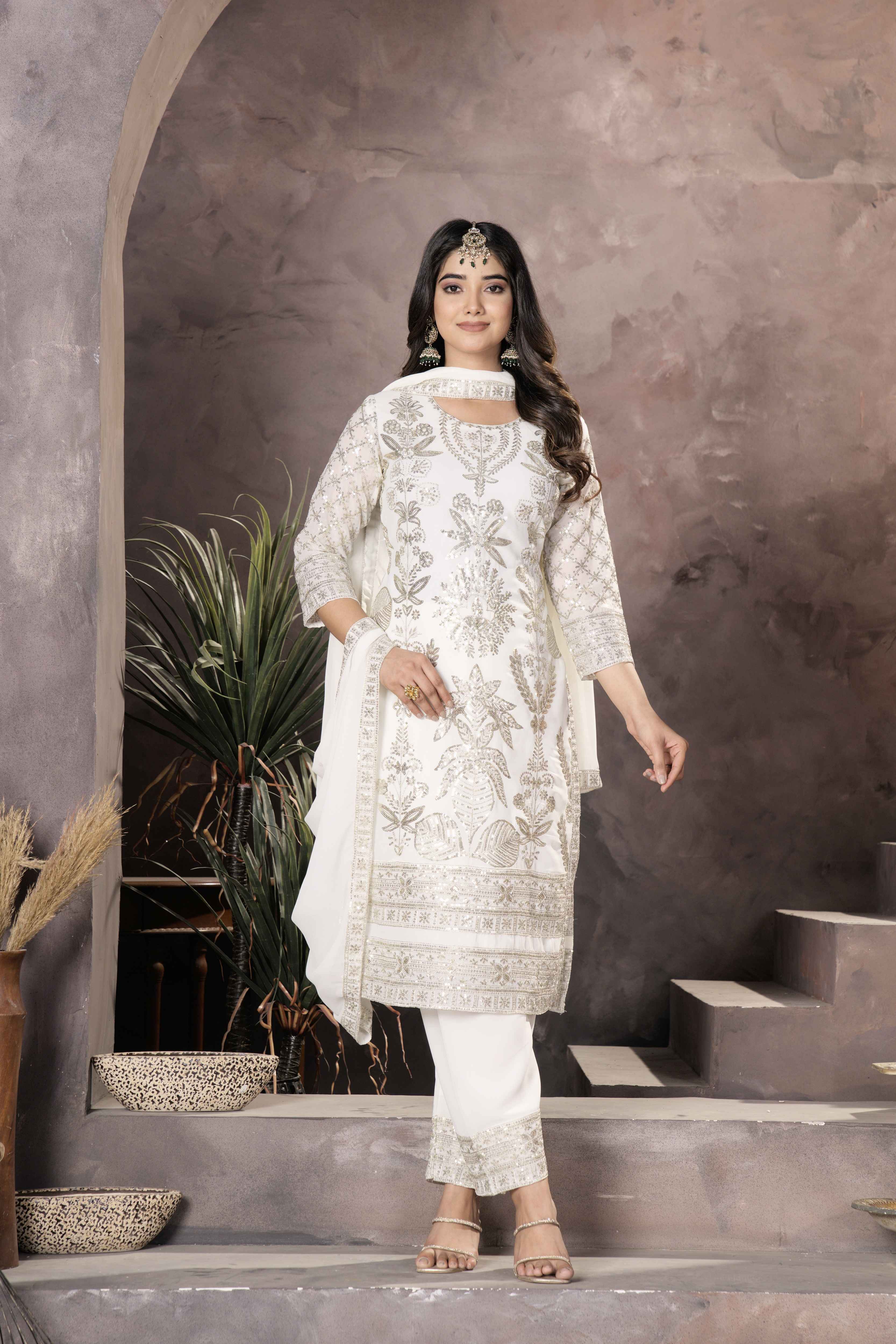 Fablous White Georgette Enbroidery Sequinc Party Wear Pant Suit With Dupatta