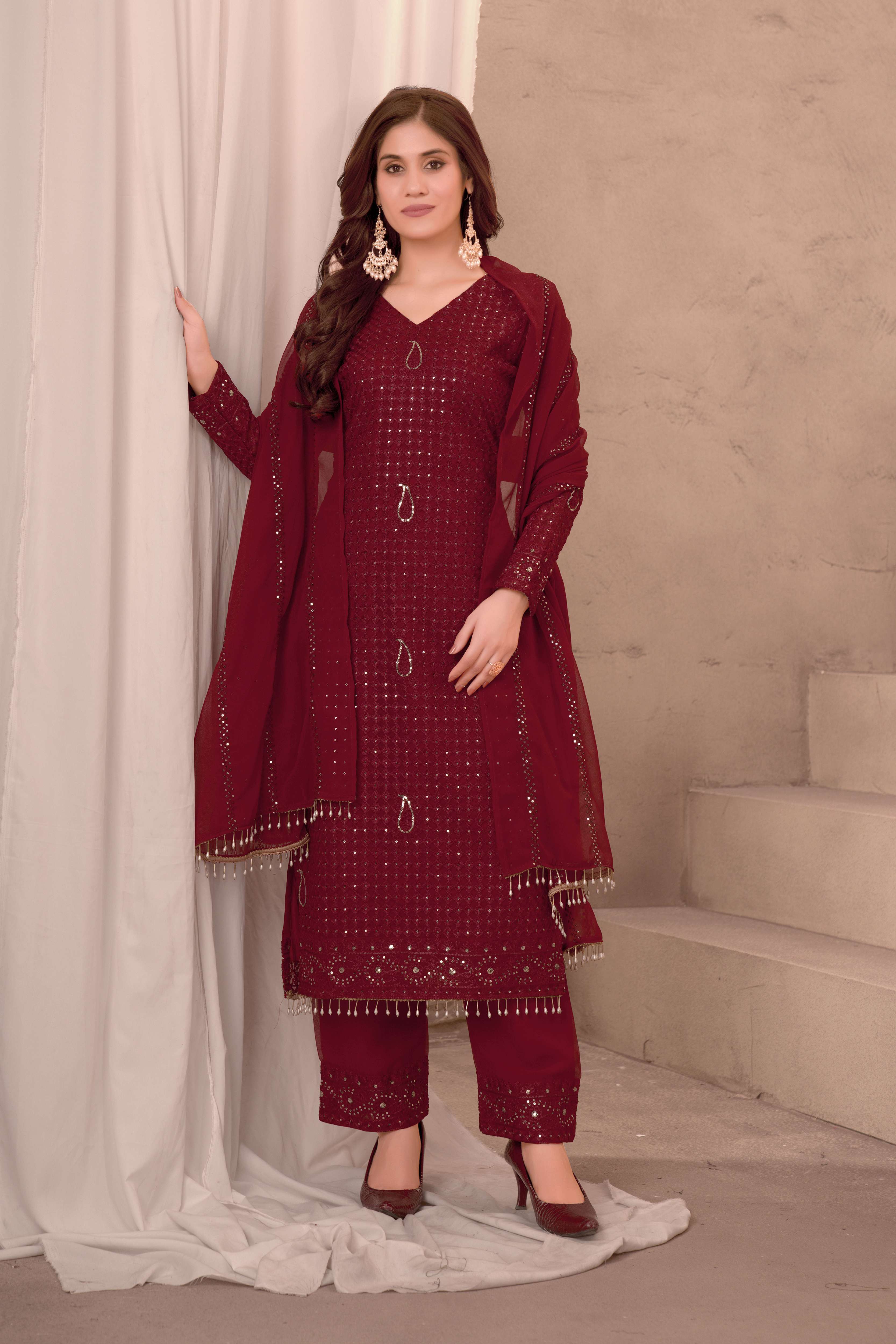 Elegant Maroon Georgette Embroidery Sequence Festive Wear Suit Pant With Dupatta