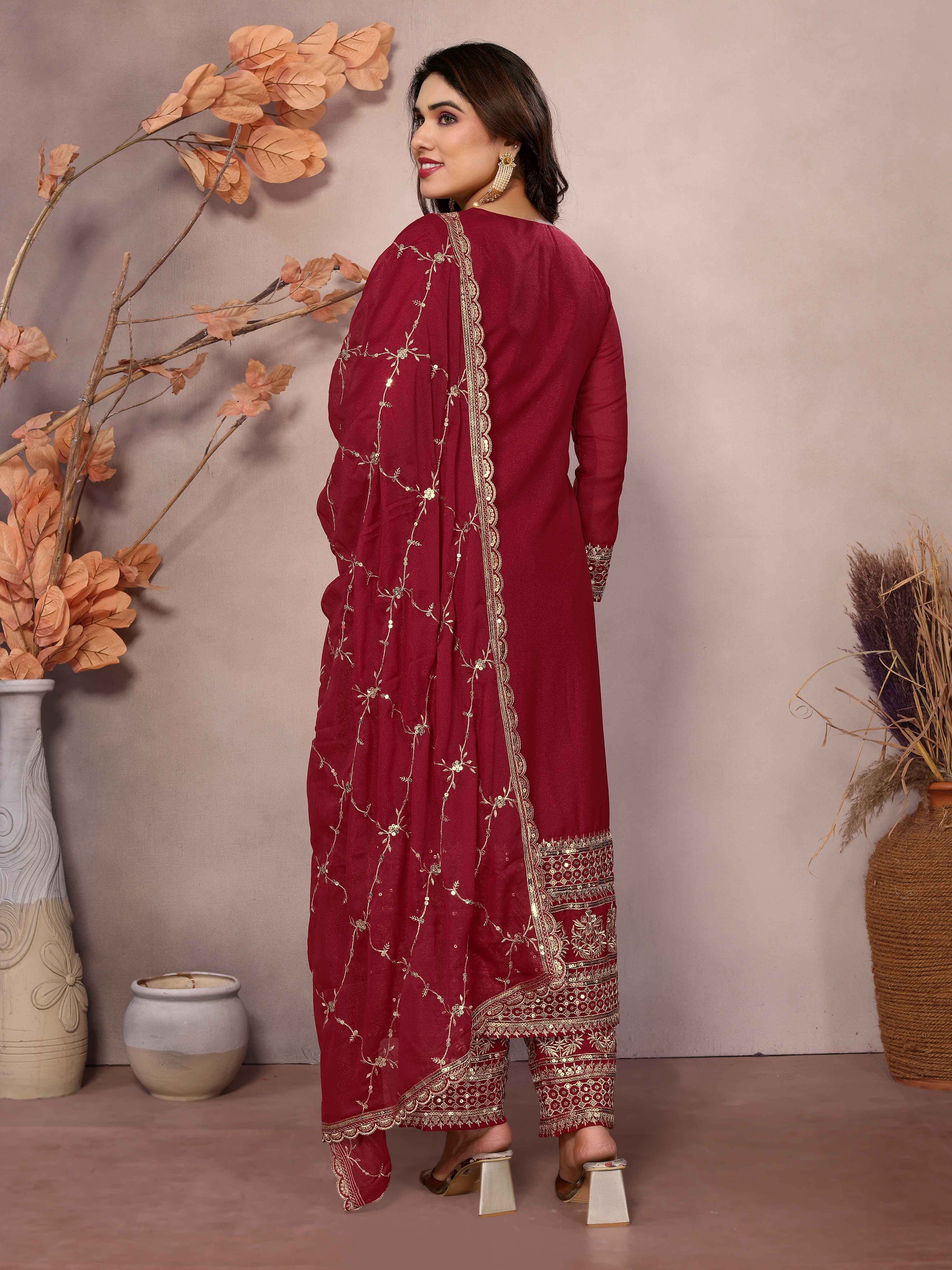 Rich Maroon Georgette Embroidery Seuqnce Designer Wedding Wear Pant Suit With Dupatta