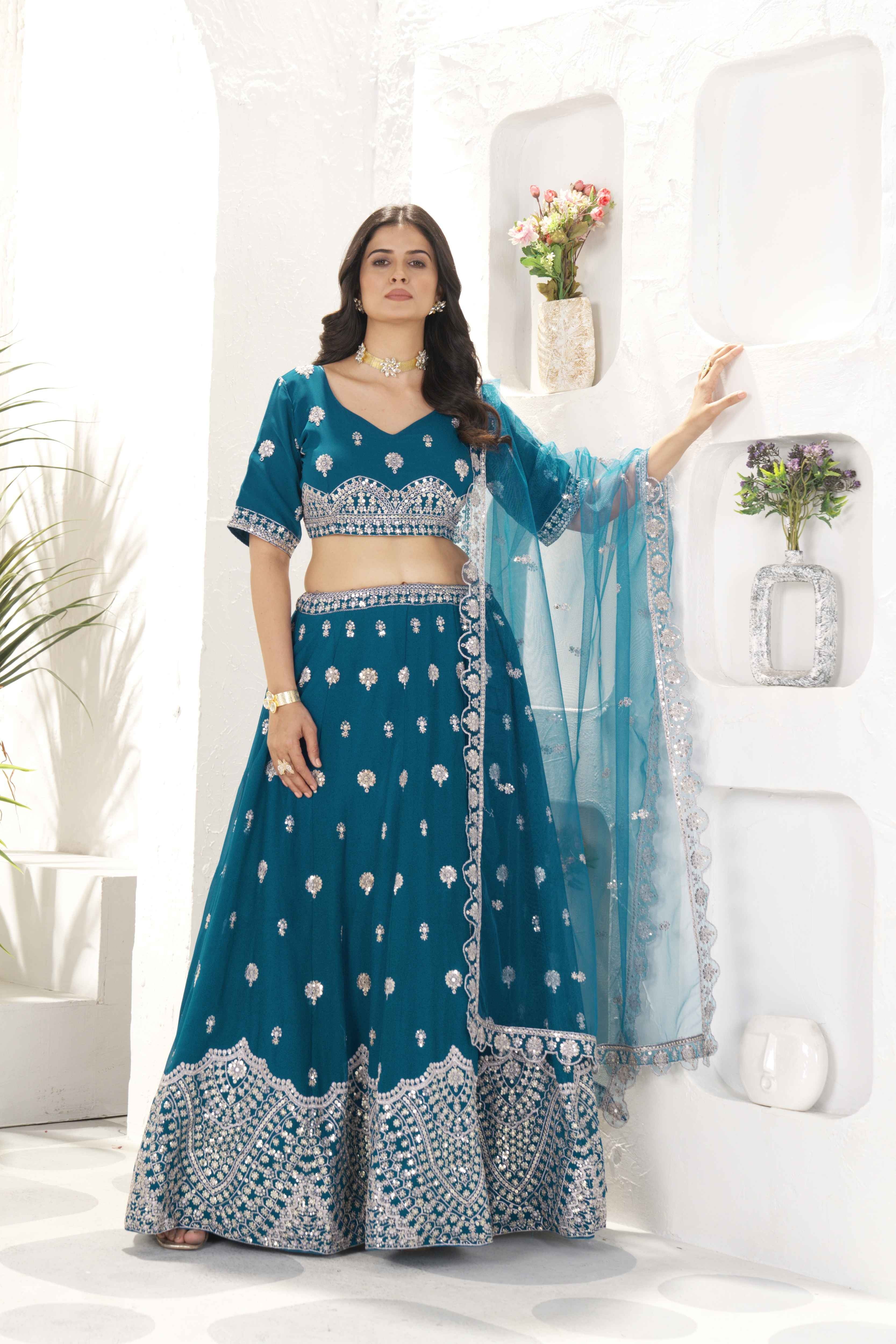TImeless Teal Blue Embroidery Sequence Party Wear Designer Lehenga Choli & Dupatta