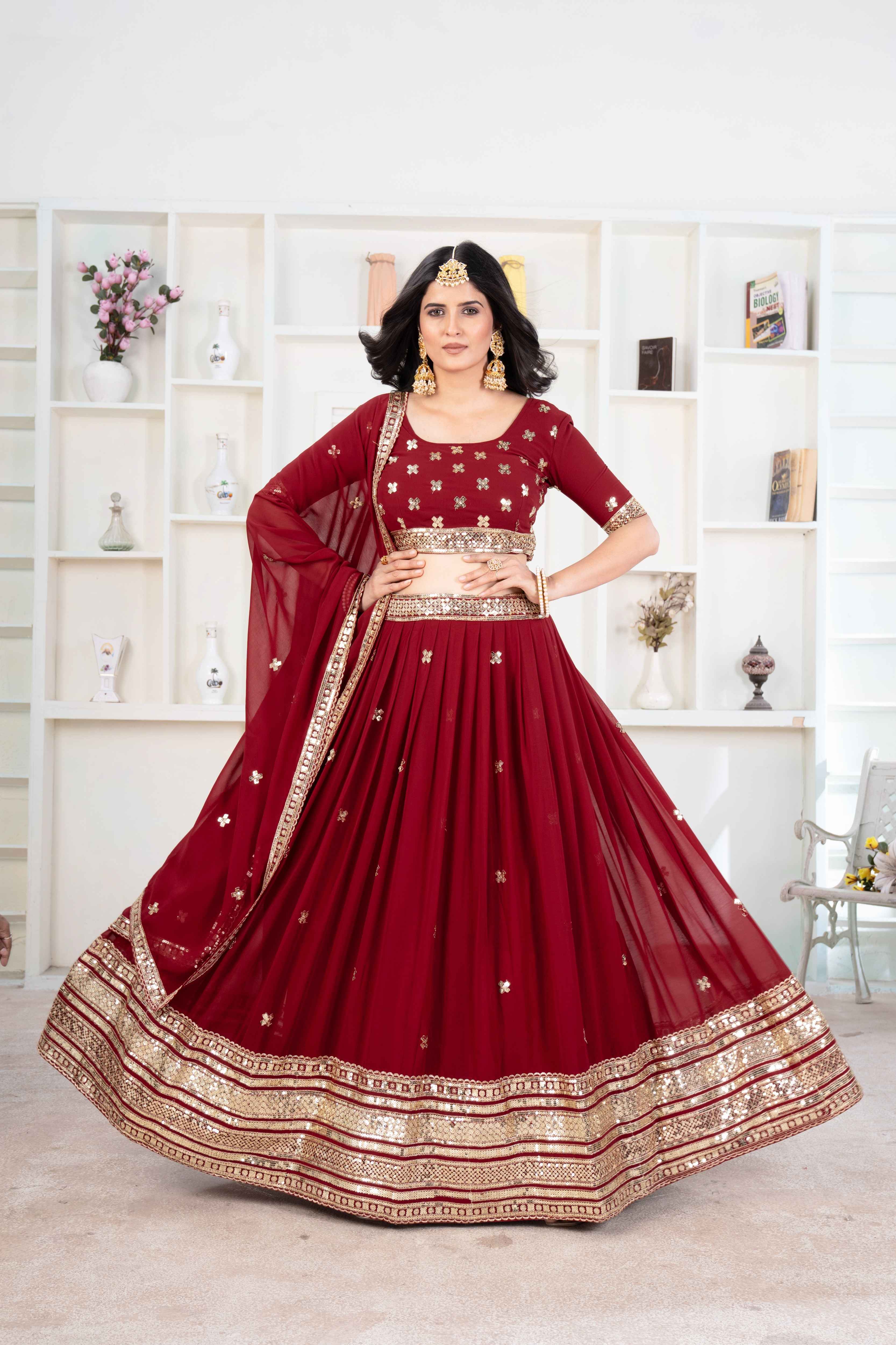 Enchanting Maroon Gold Sequence Work Embroidery Designer Lehenga Choli With Dupatta