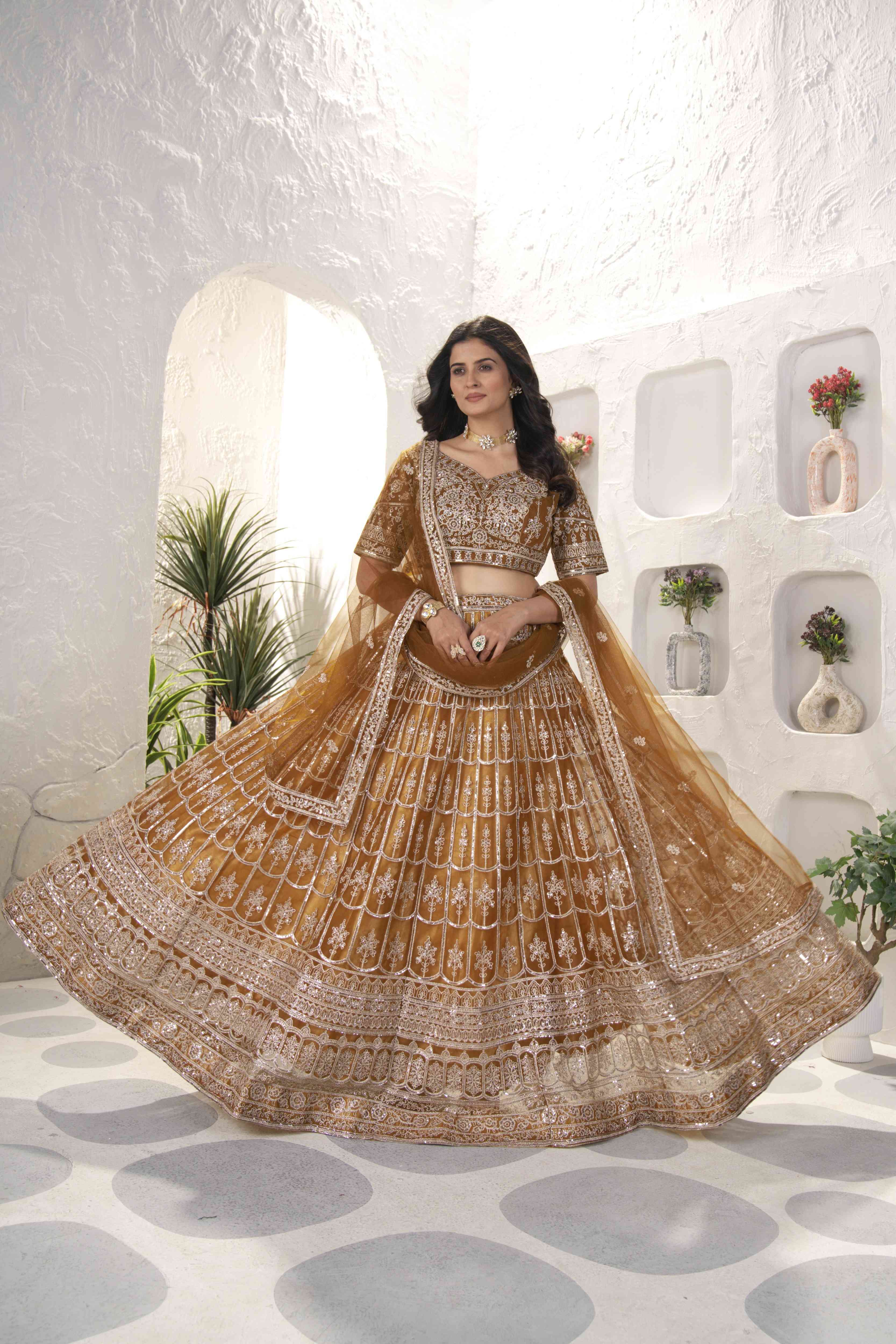 Glamour Golden Embroidery Designer Bridal Wear Sequence Worked Net Lehenga Set