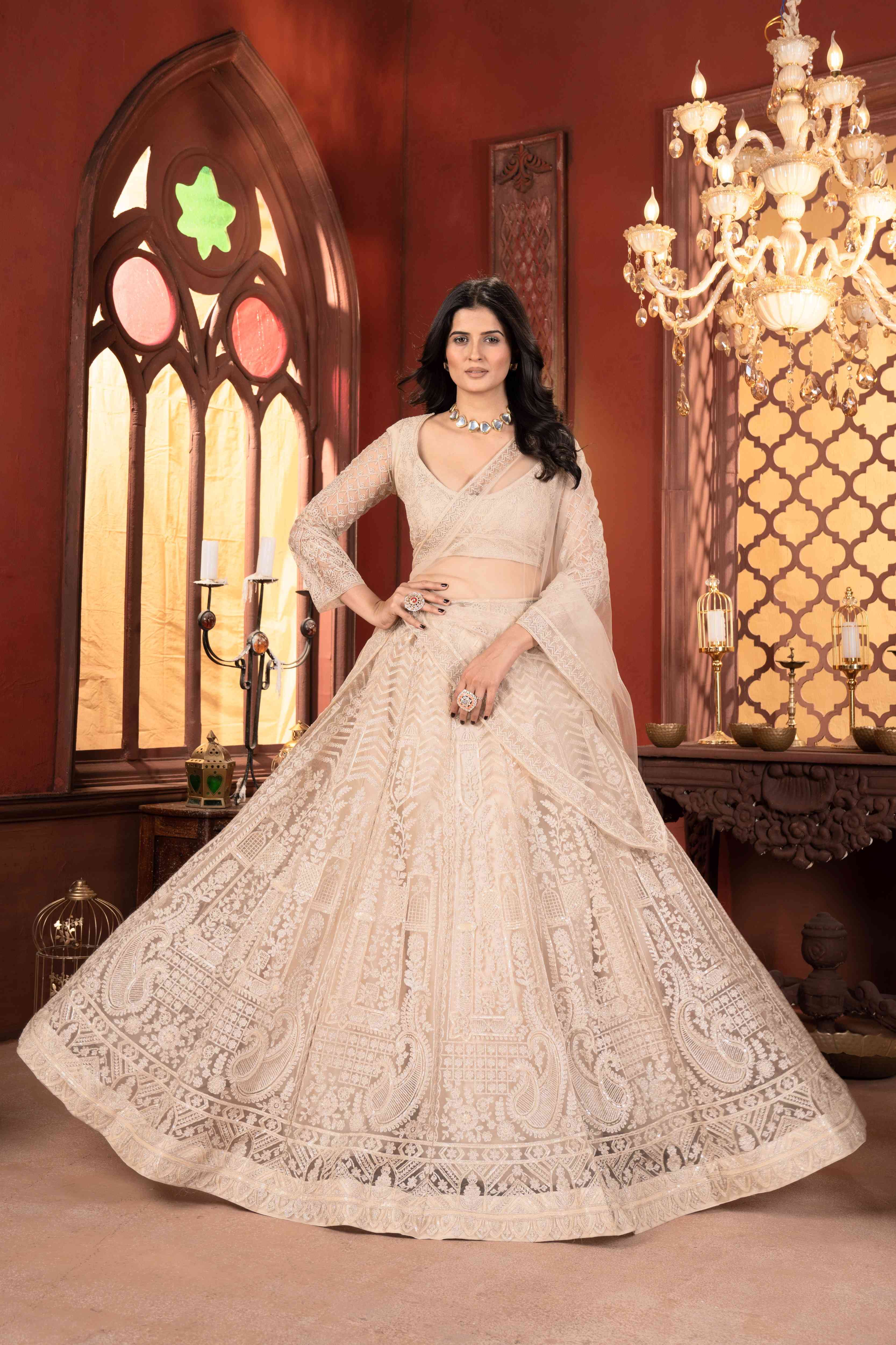 Incredible Off Cream Embroidered Designer Lehenga With Dupatta