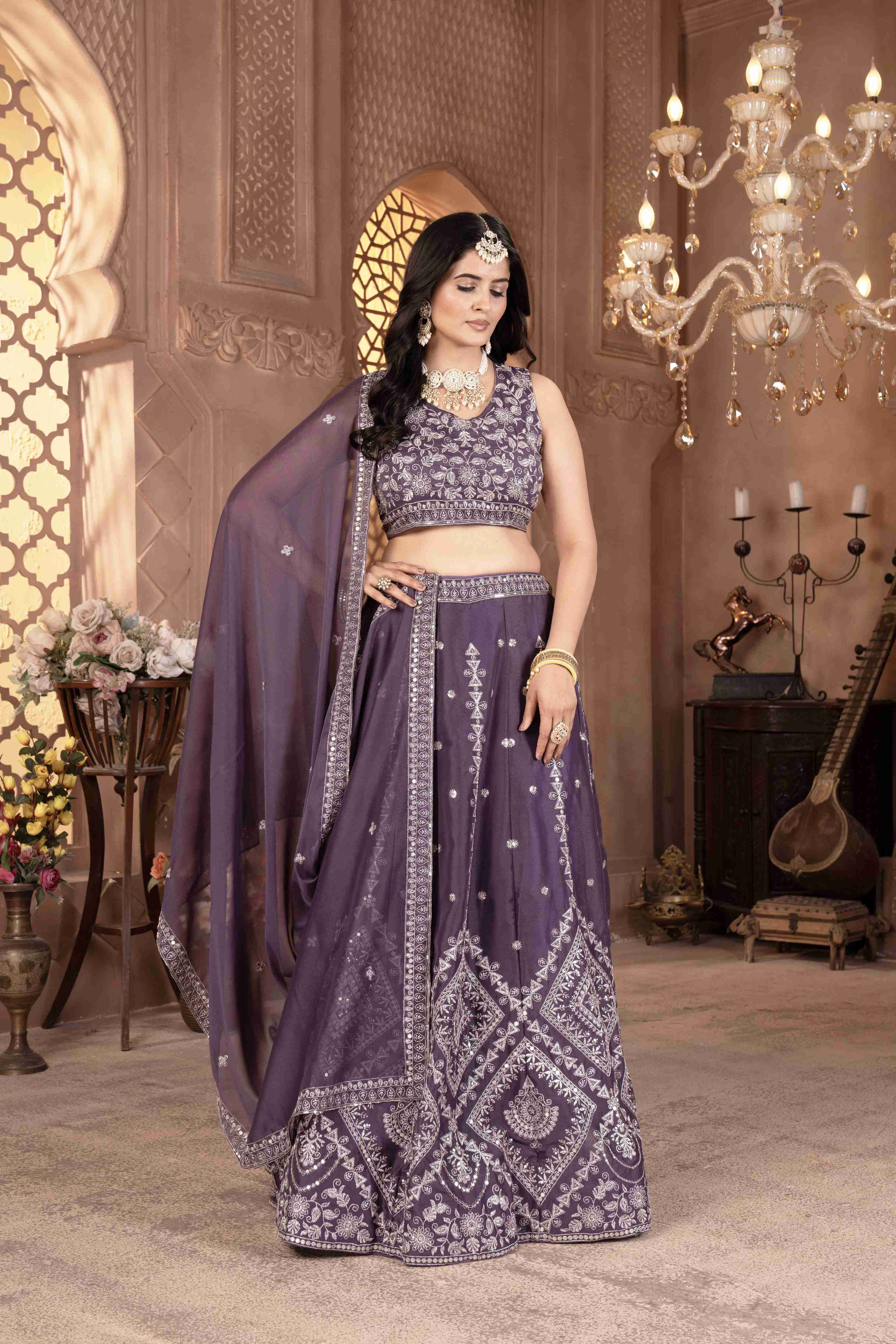 Elegant onion Embroidered Georgette Lehenga Choli with Dupatta