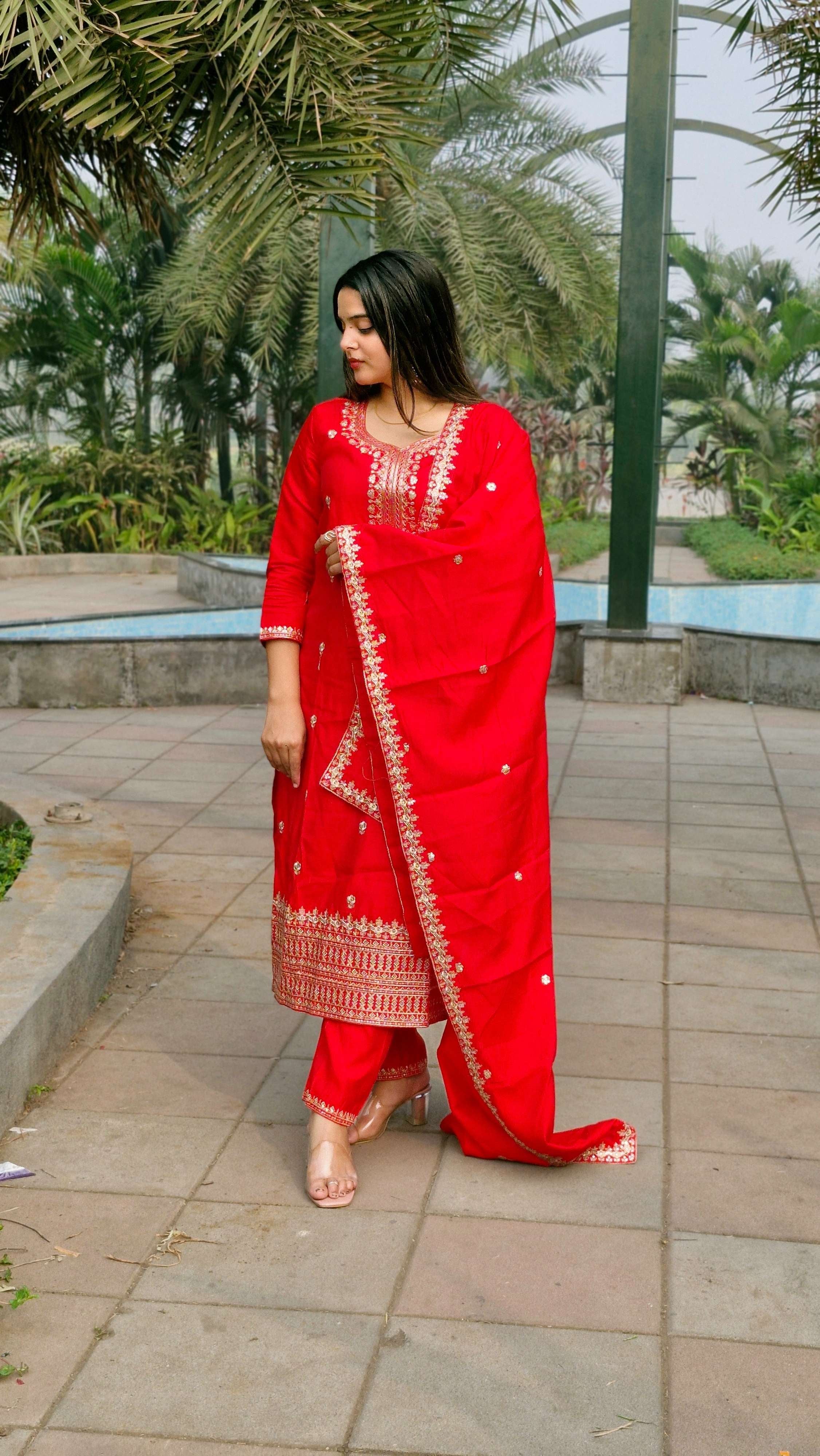 Vibrant Red Roman Silk Embroidery Sequence Party Wear Salwar Suit With Dupatta