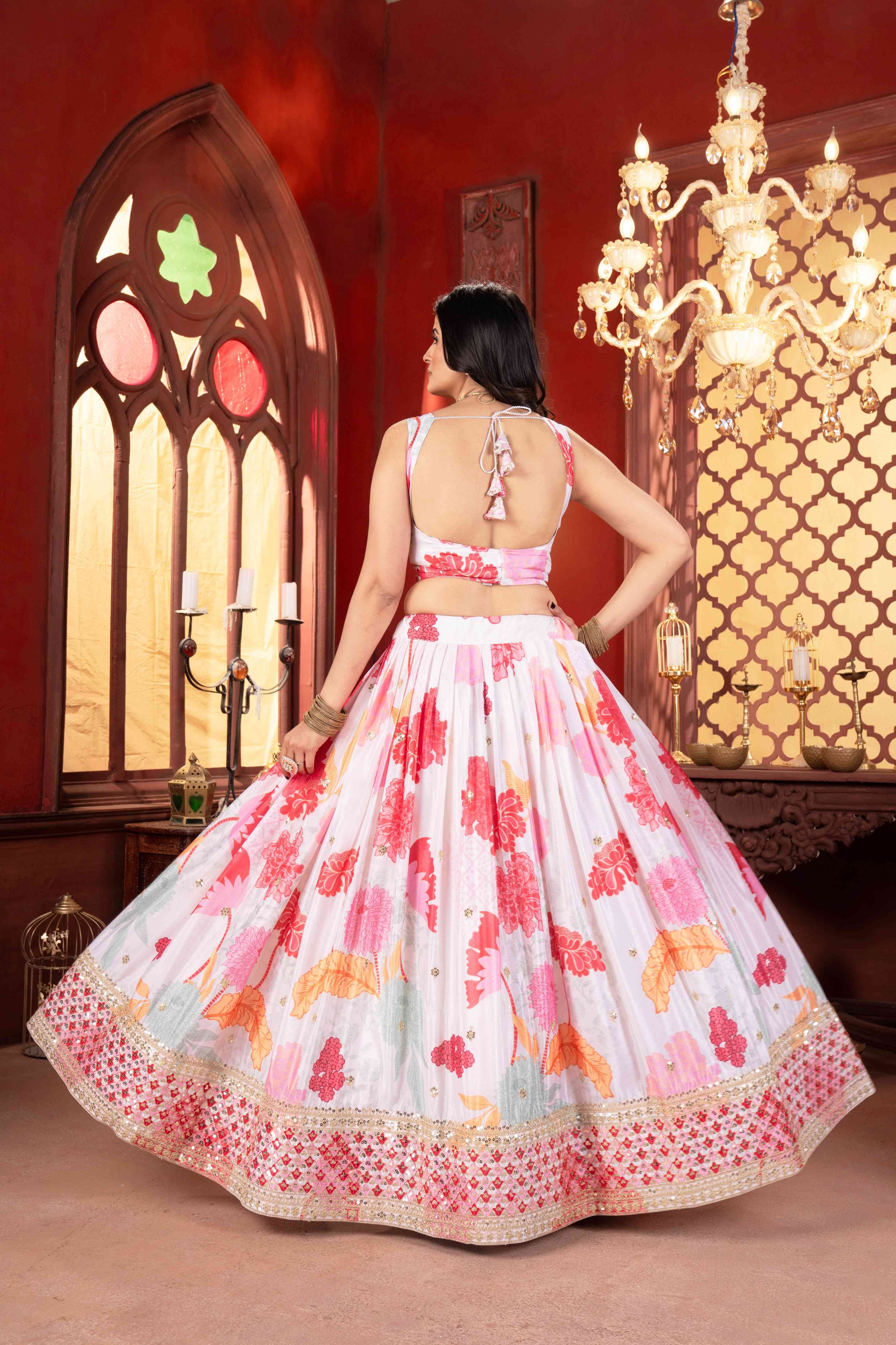 Attractive White Floral Printed Embroidery Sequence Worked Sangit Wear Lehenga Choli & Dupatta