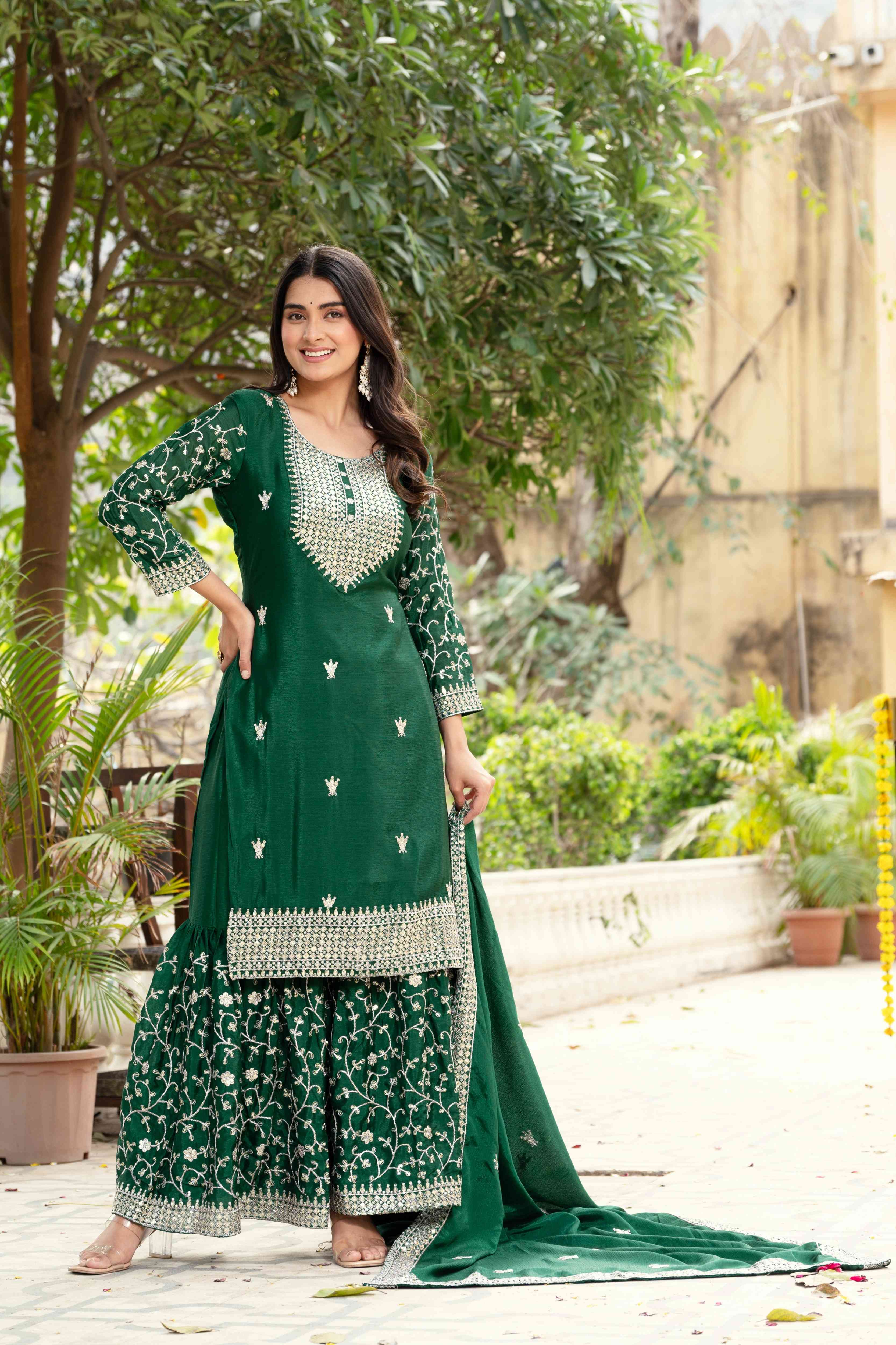 Incredible Bottel Green Chinon Sequence Embroidery Festive Wear Sharara Suit With Dupatta