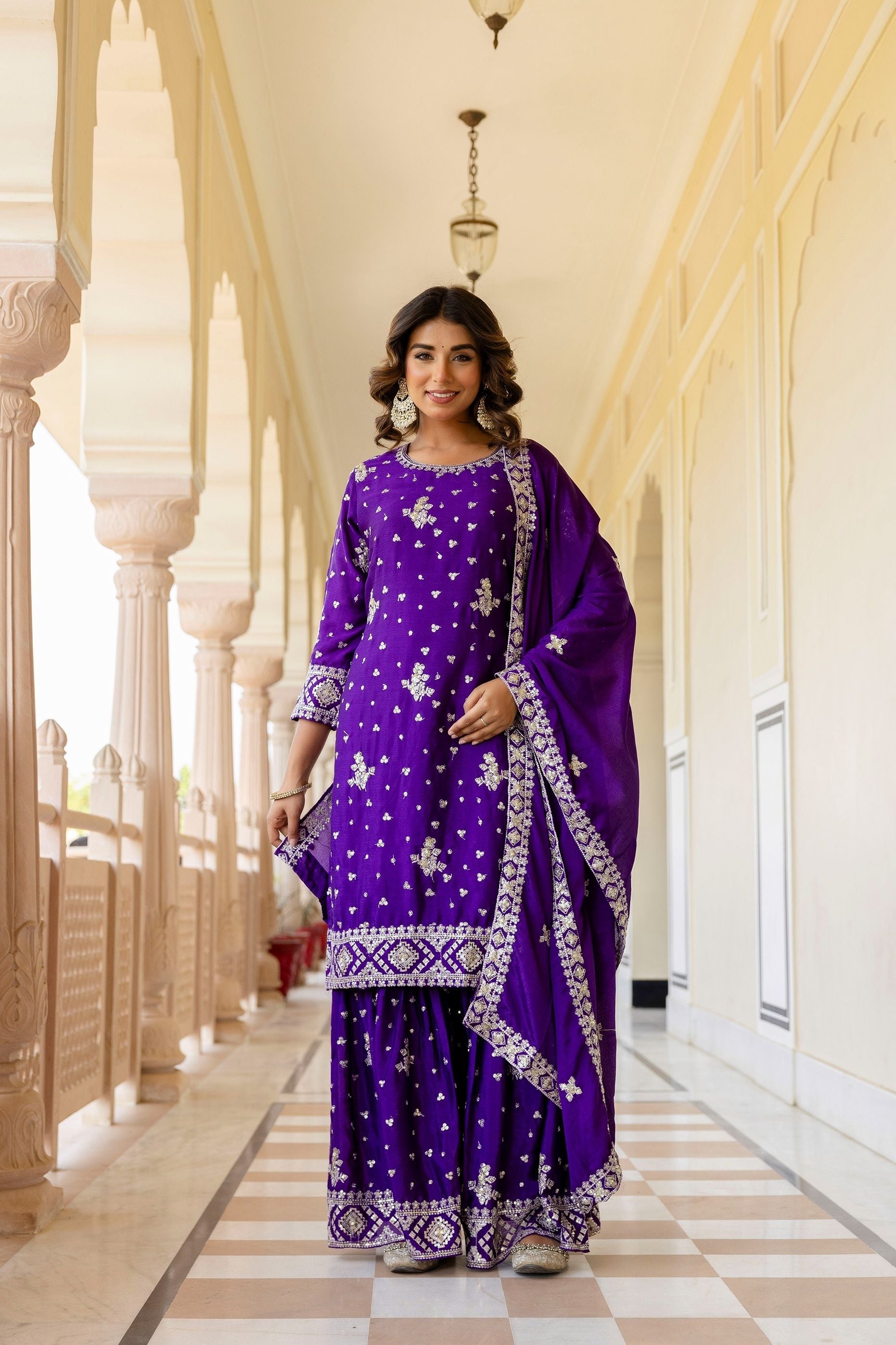 Royal Purple Chinon Embroidery Sequence Party Wear Sharara Suit With Dupatta
