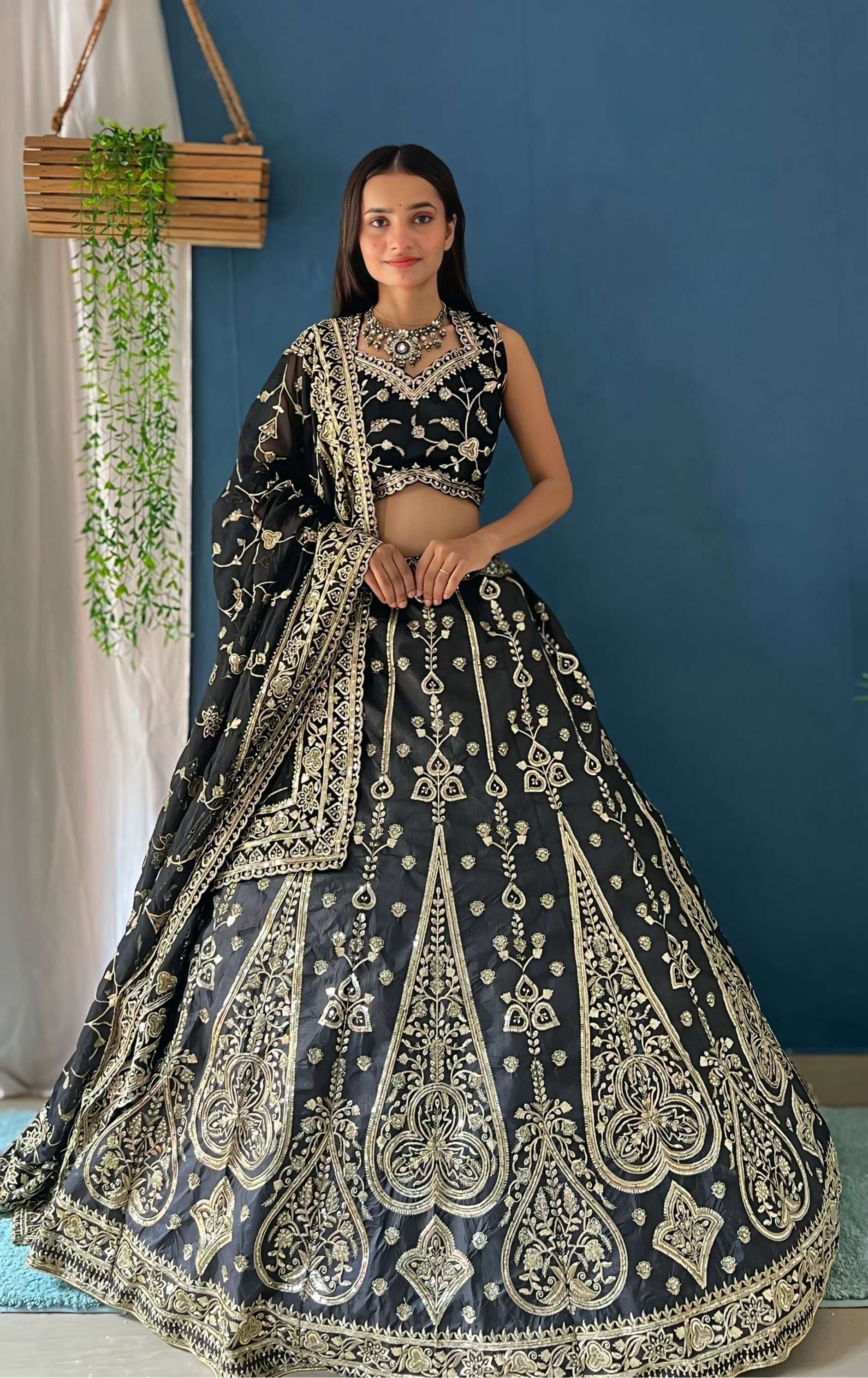 Stunning Black And Gold Embroidered Designer Party Wear Lehenga Choli With Dupatta