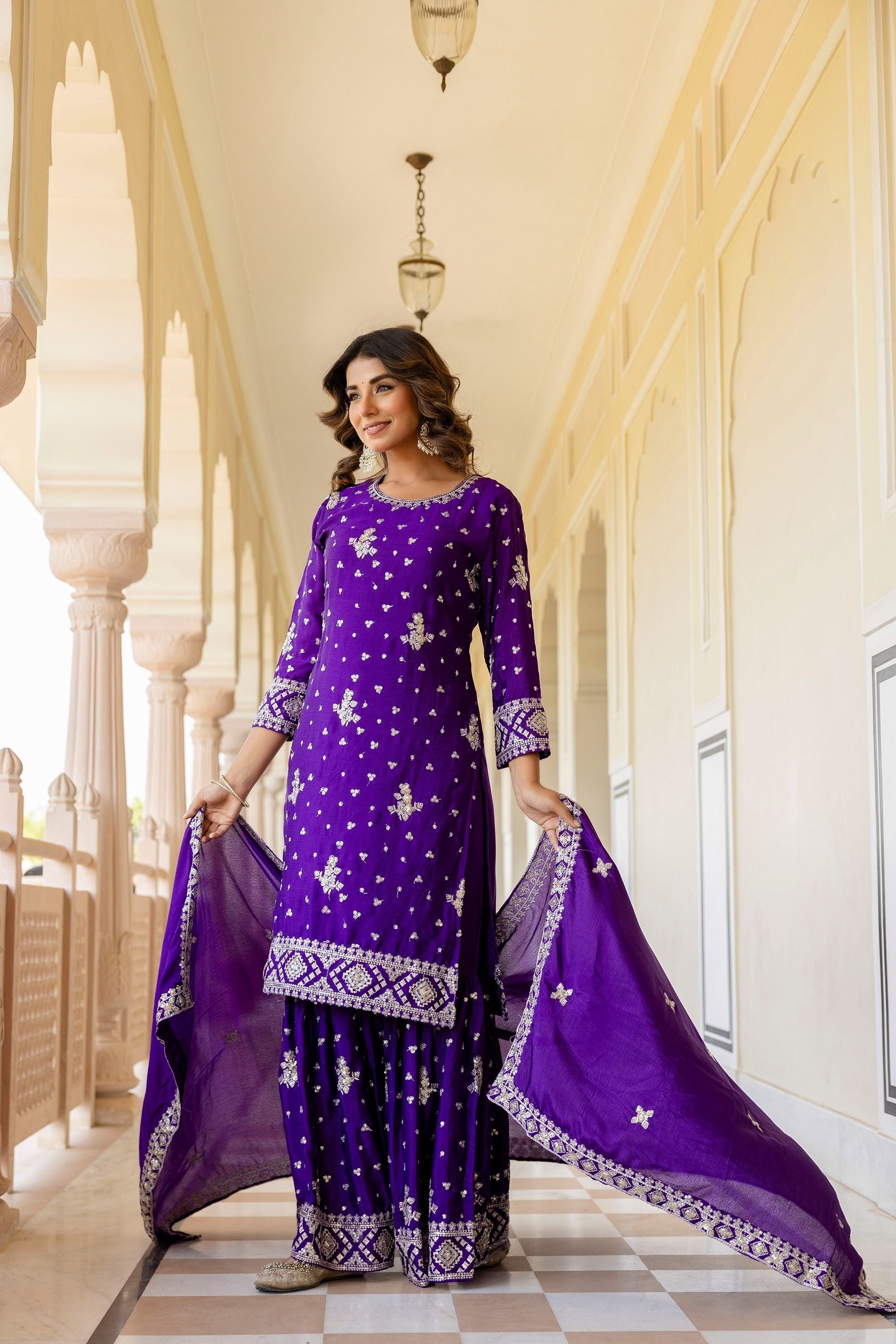 Royal Purple Chinon Embroidery Sequence Party Wear Sharara Suit With Dupatta