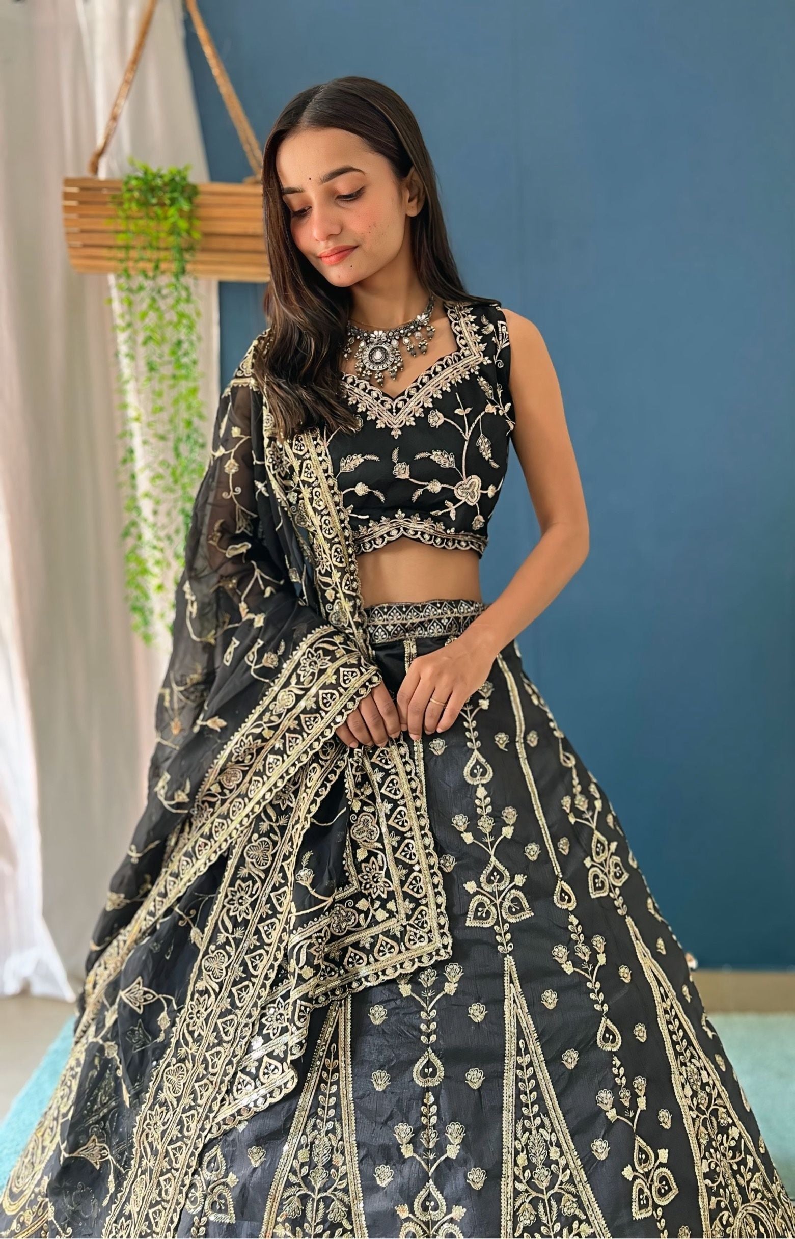 Stunning Black And Gold Embroidered Designer Party Wear Lehenga Choli With Dupatta