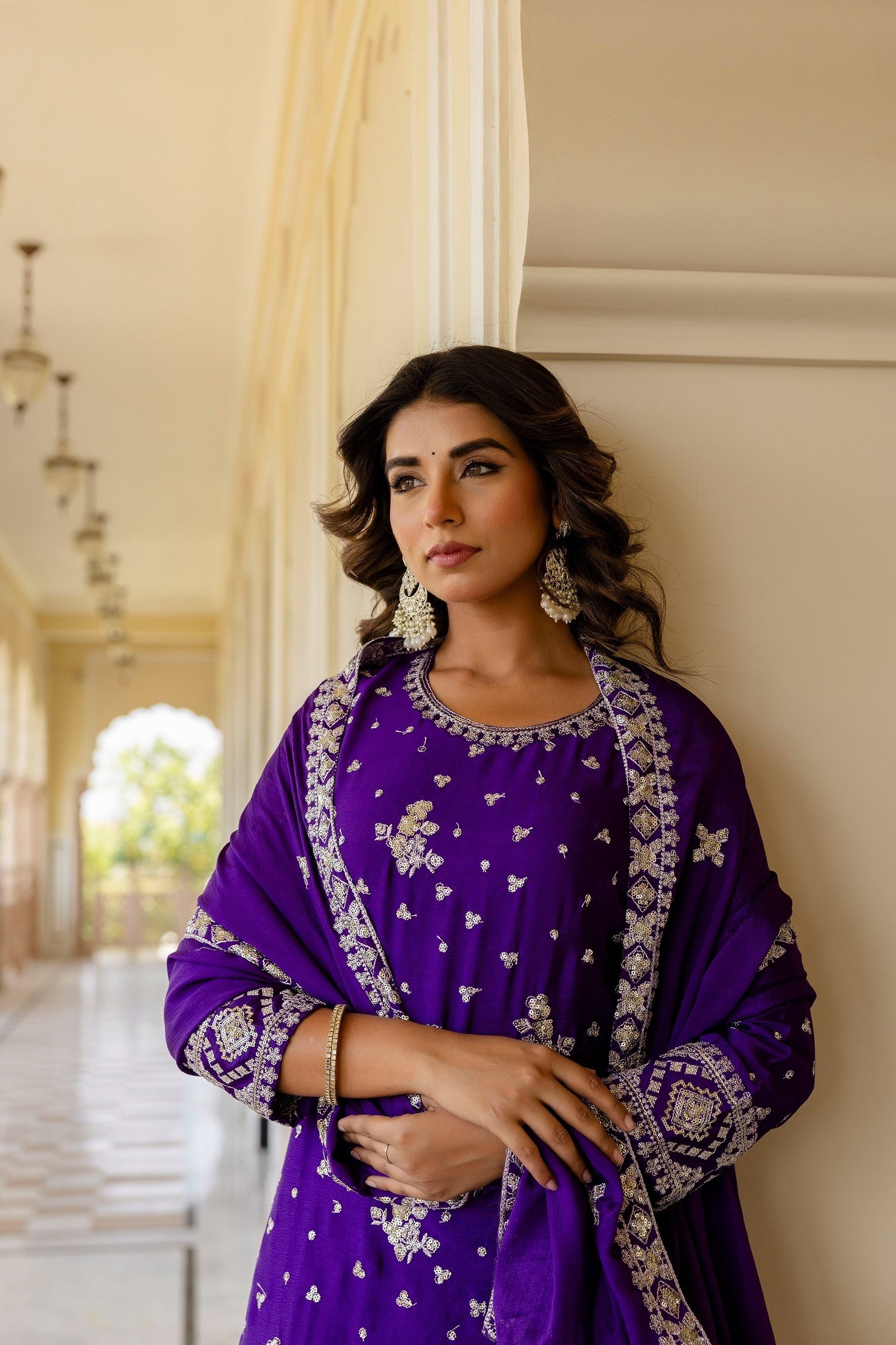 Royal Purple Chinon Embroidery Sequence Party Wear Sharara Suit With Dupatta