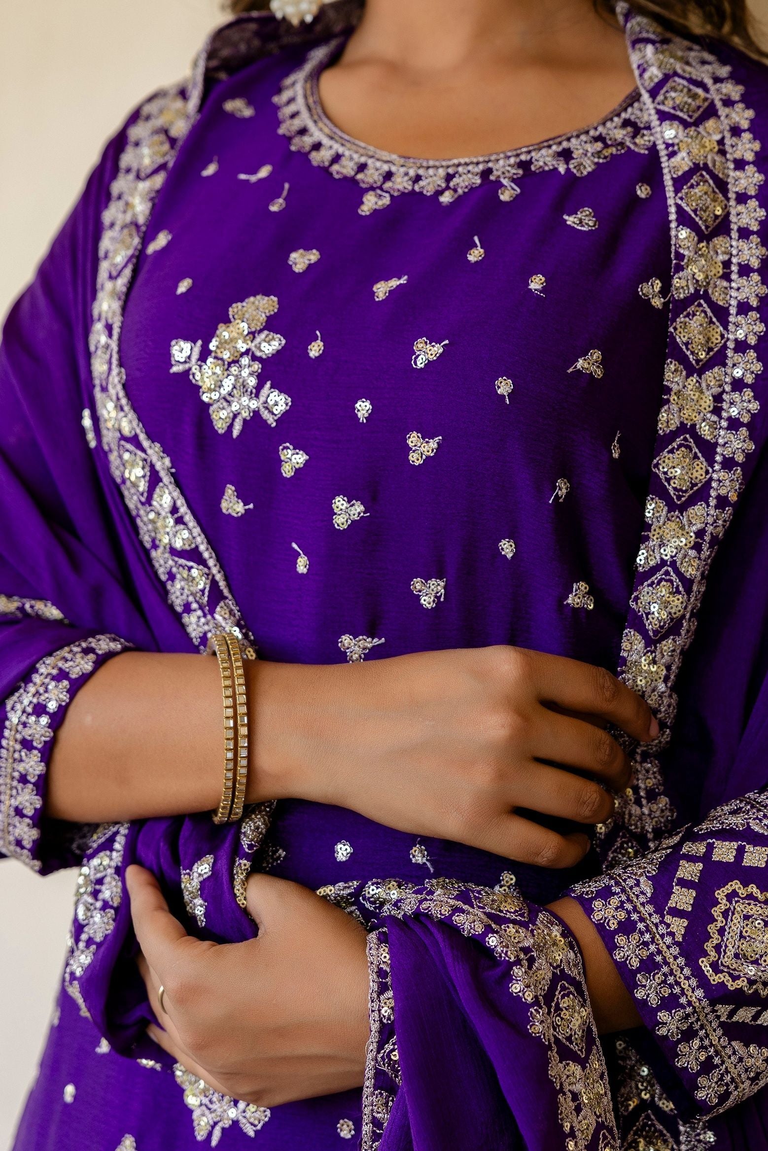 Royal Purple Chinon Embroidery Sequence Party Wear Sharara Suit With Dupatta
