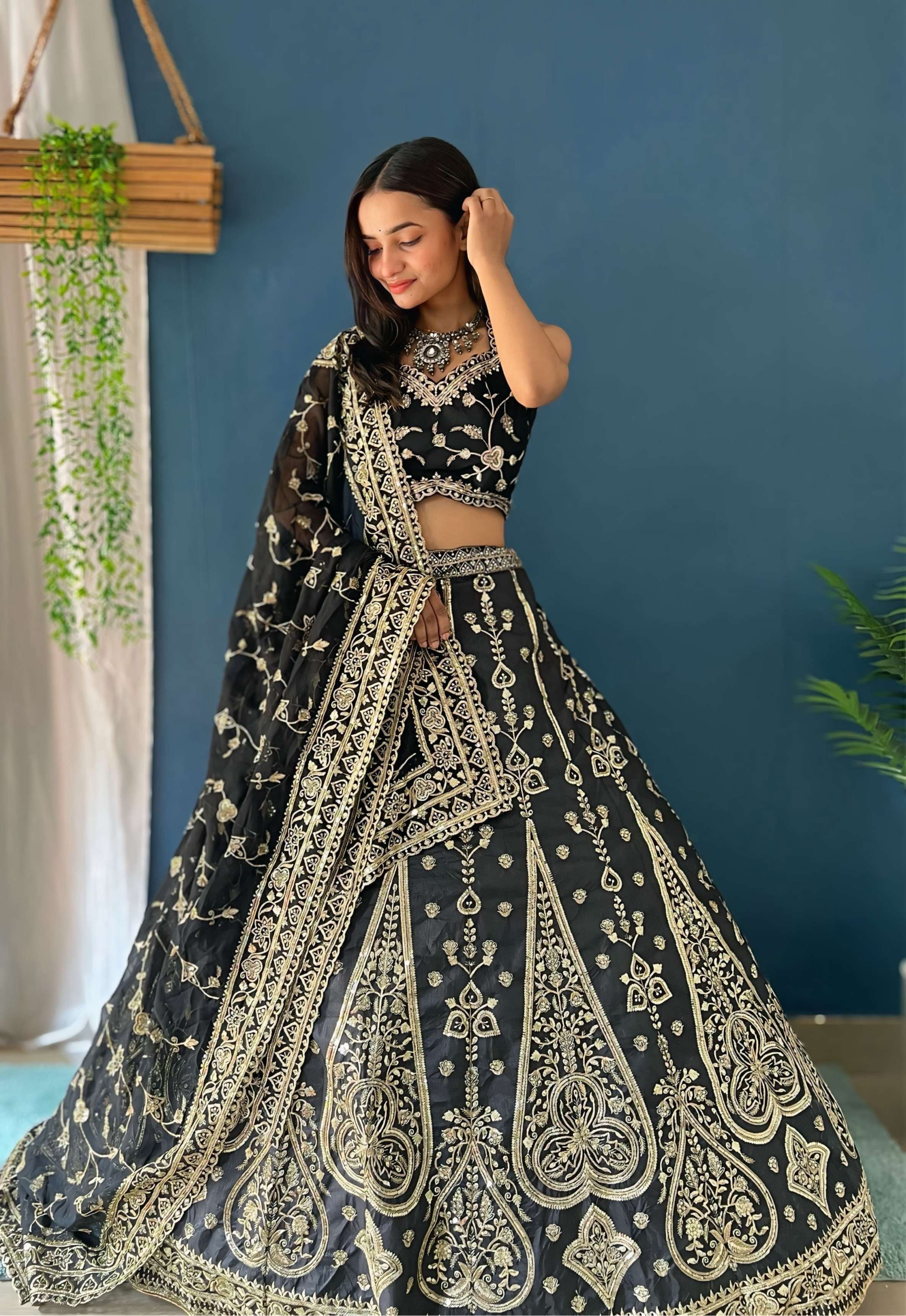 Stunning Black And Gold Embroidered Designer Party Wear Lehenga Choli With Dupatta