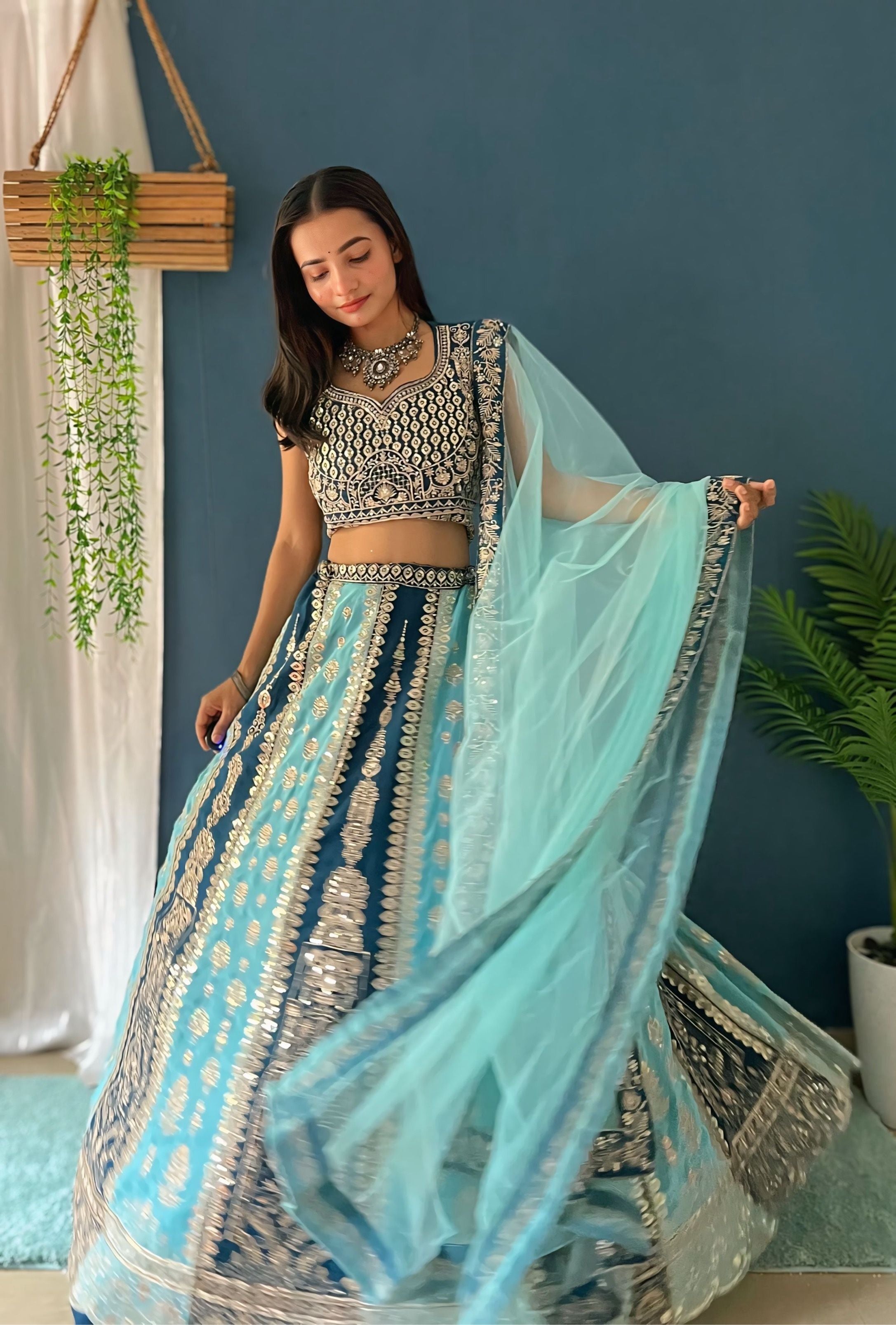 Attractive Aqua Zari Work Designer Lehenga Beautiful Patterned choli & Dupatta