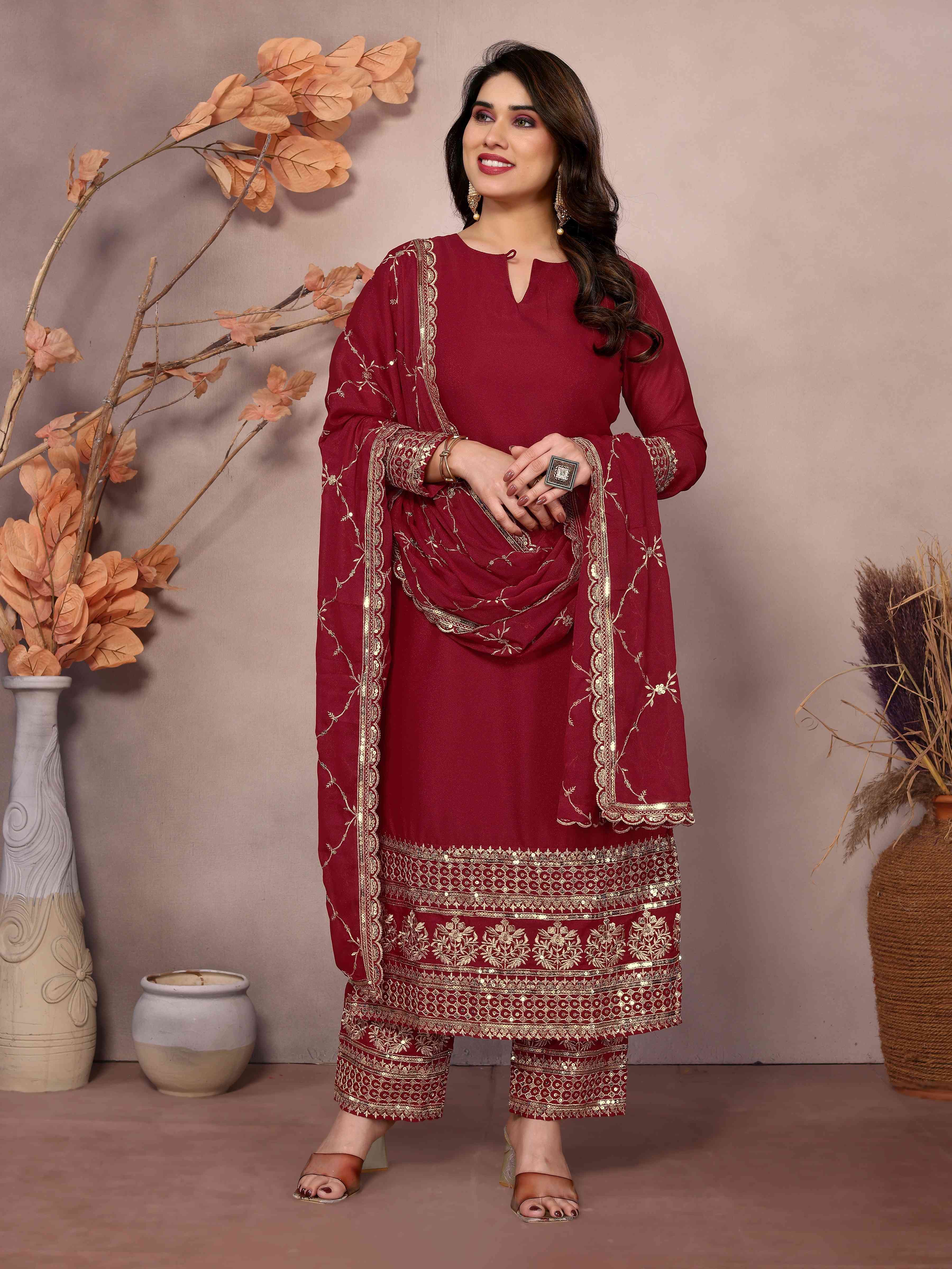Rich Maroon Georgette Embroidery Seuqnce Designer Wedding Wear Pant Suit With Dupatta