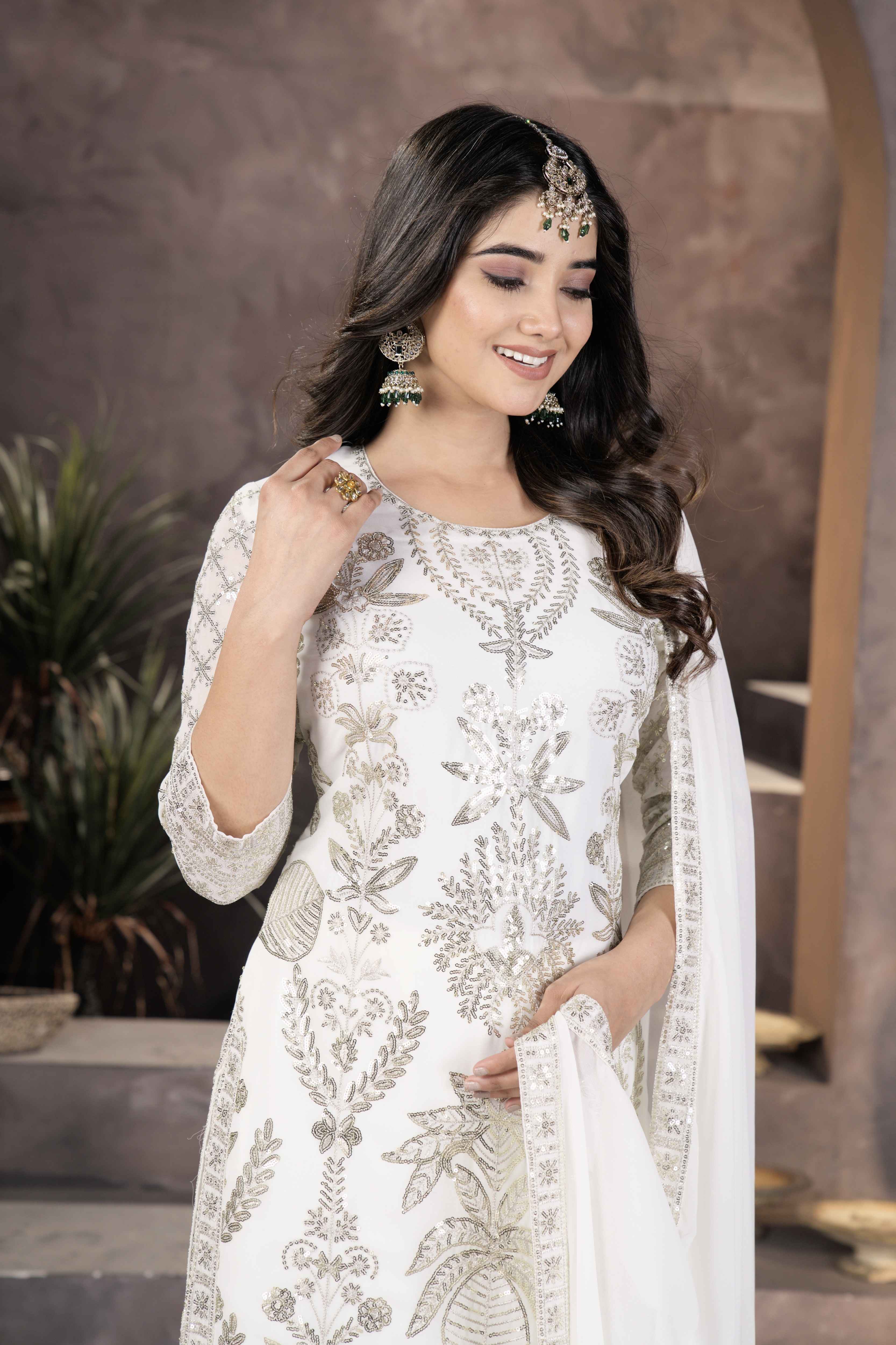 Fablous White Georgette Enbroidery Sequinc Party Wear Pant Suit With Dupatta