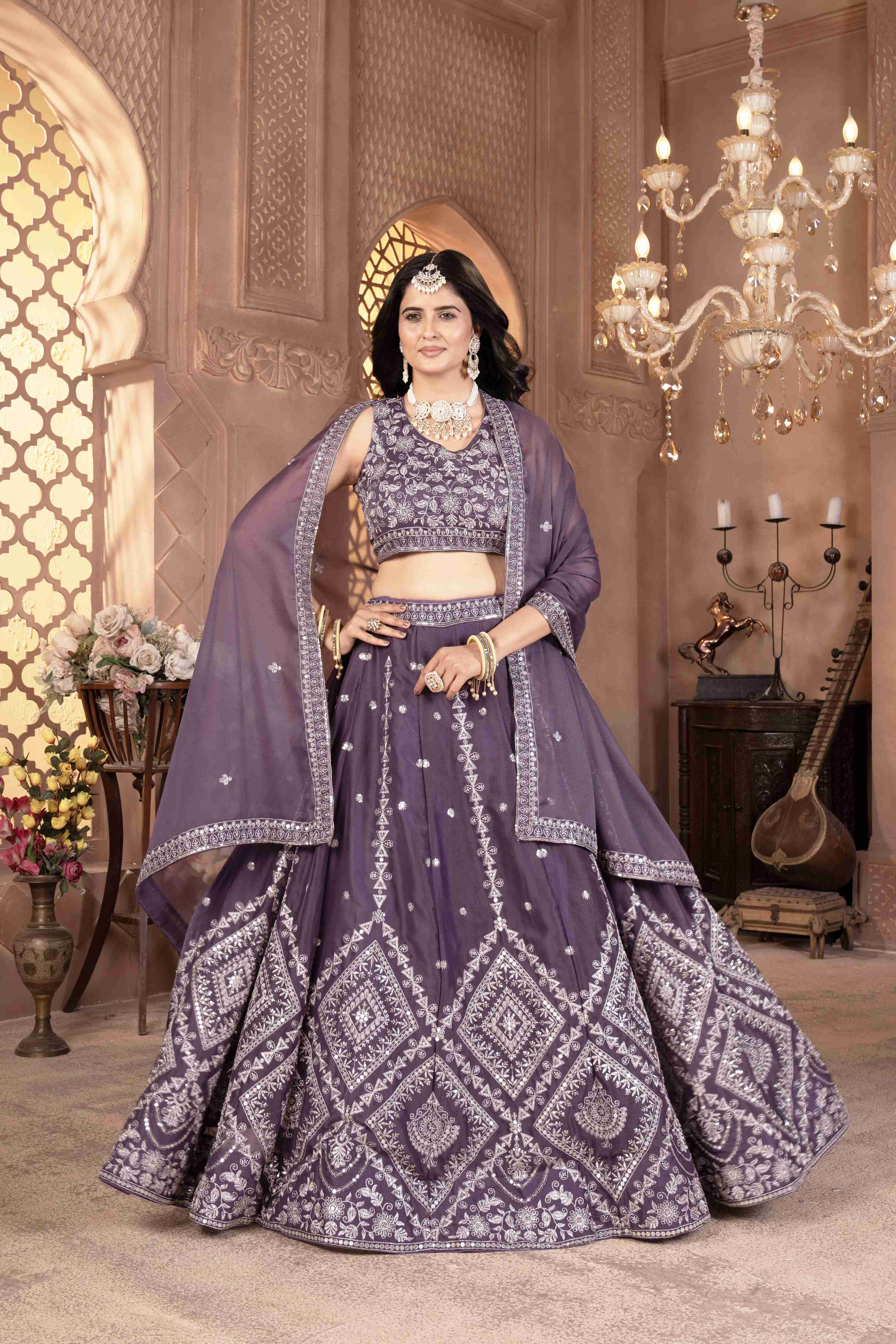 Elegant onion Embroidered Georgette Lehenga Choli with Dupatta