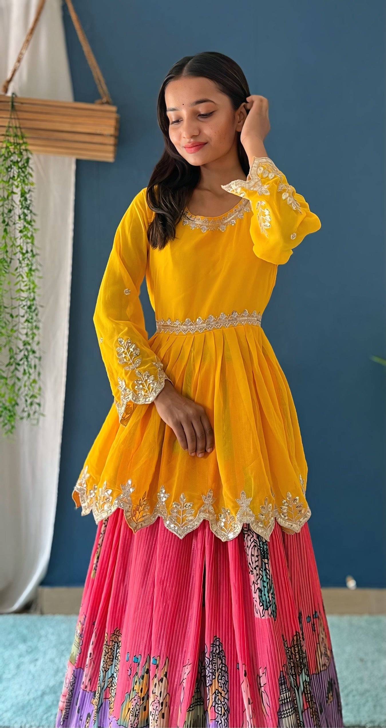 Impressive yellow And Multicolor Digital Printed Crease Pattern Lehenga Set