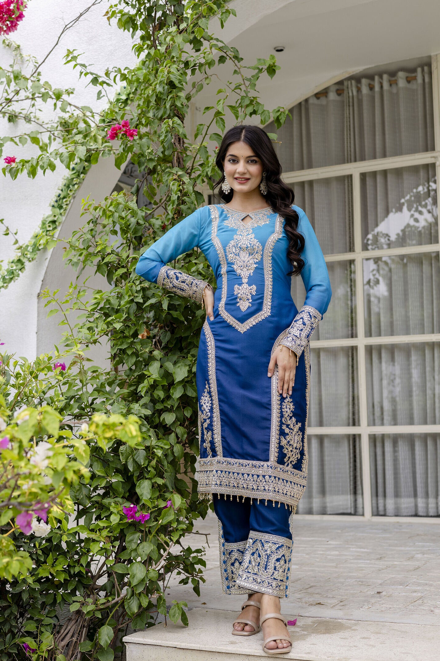 Awesome Royal Blue pedding Embroidery Sequence Work Festival Wear Pant Suit