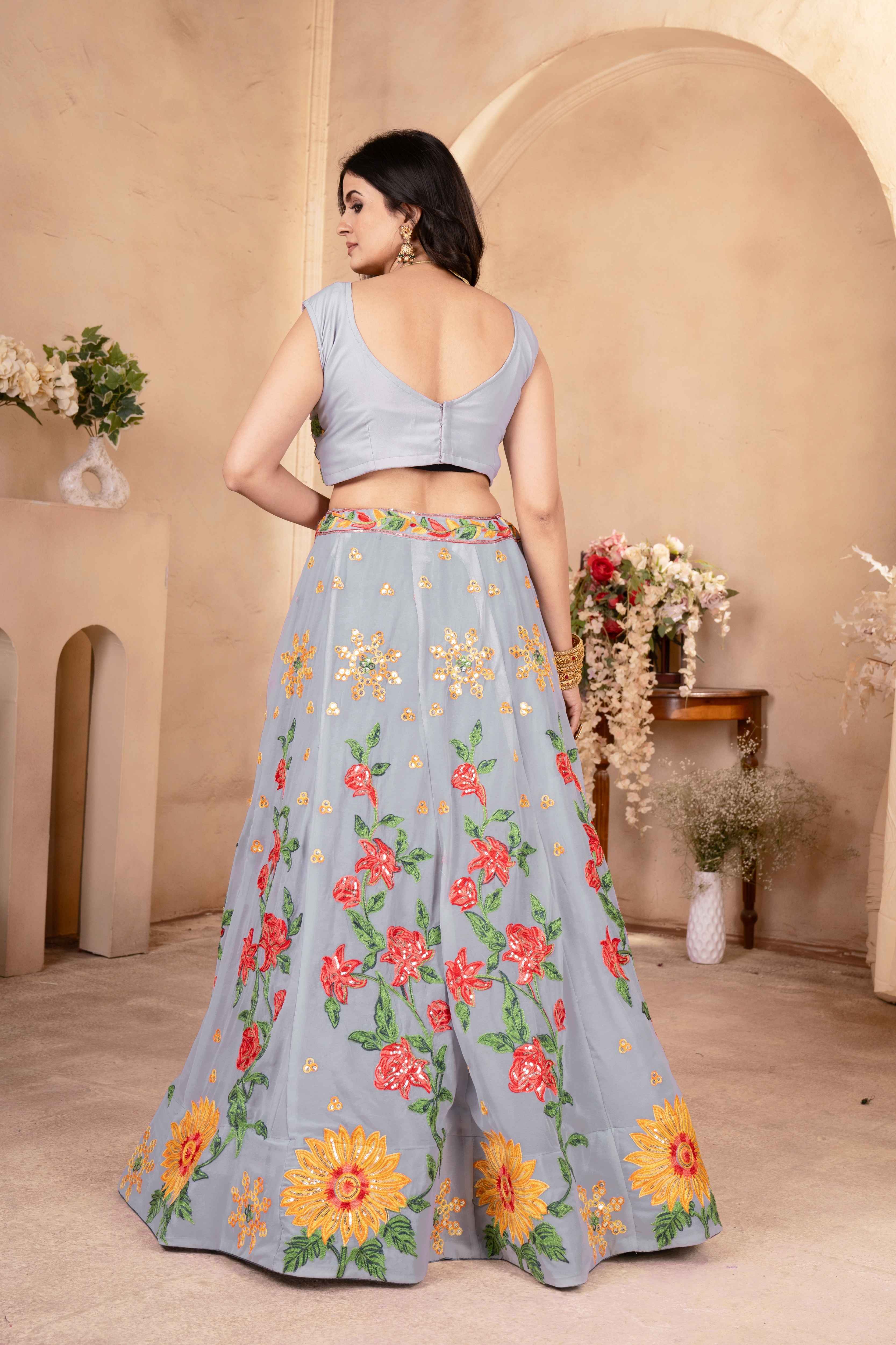 Amazing Grey Floral Embroidered  Event Wear Lehenga Choli With Dupatta