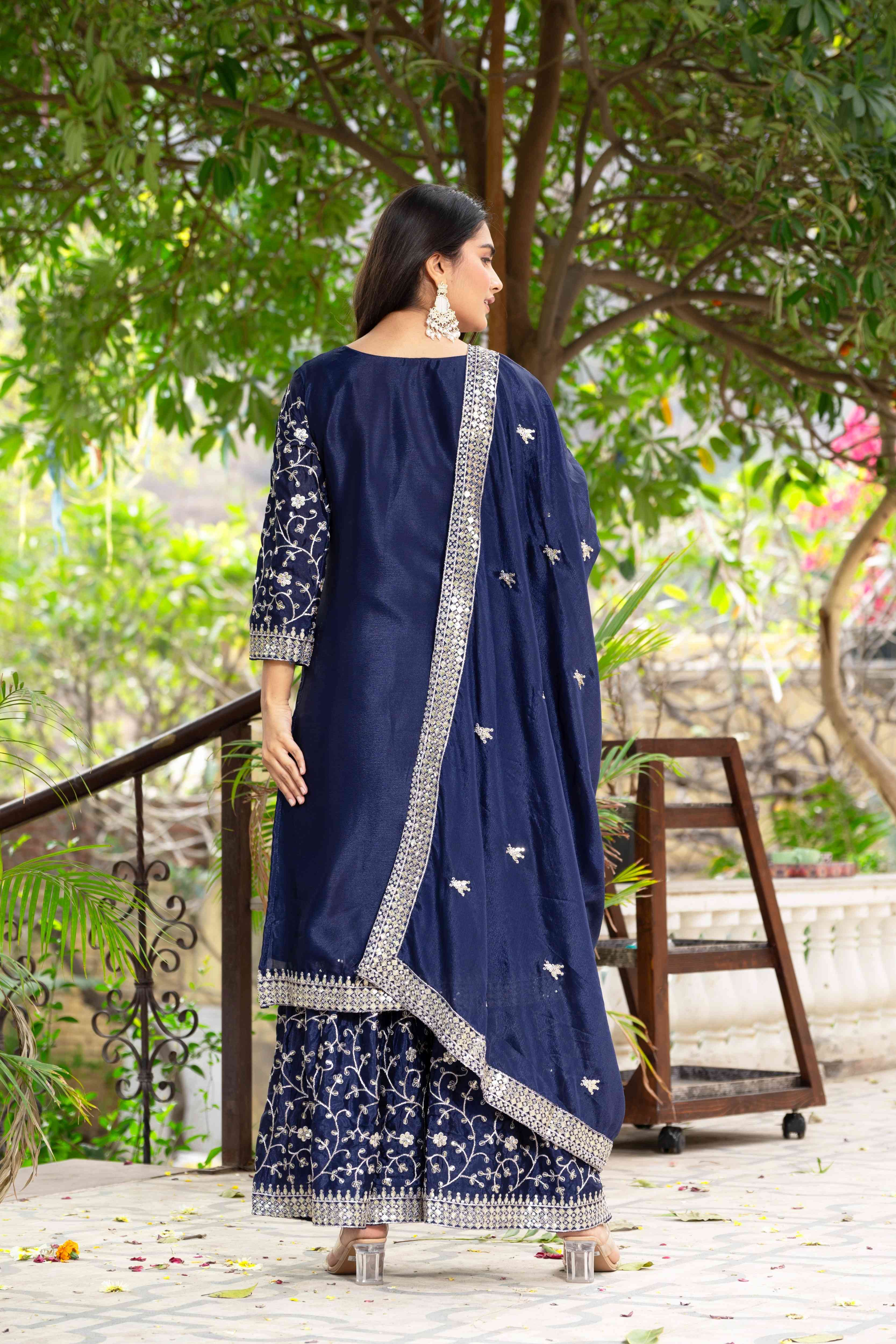 Enchanting Navy Blue Chinon Sequence Embroidery Wedding Wear Sharara Suit With Dupatta