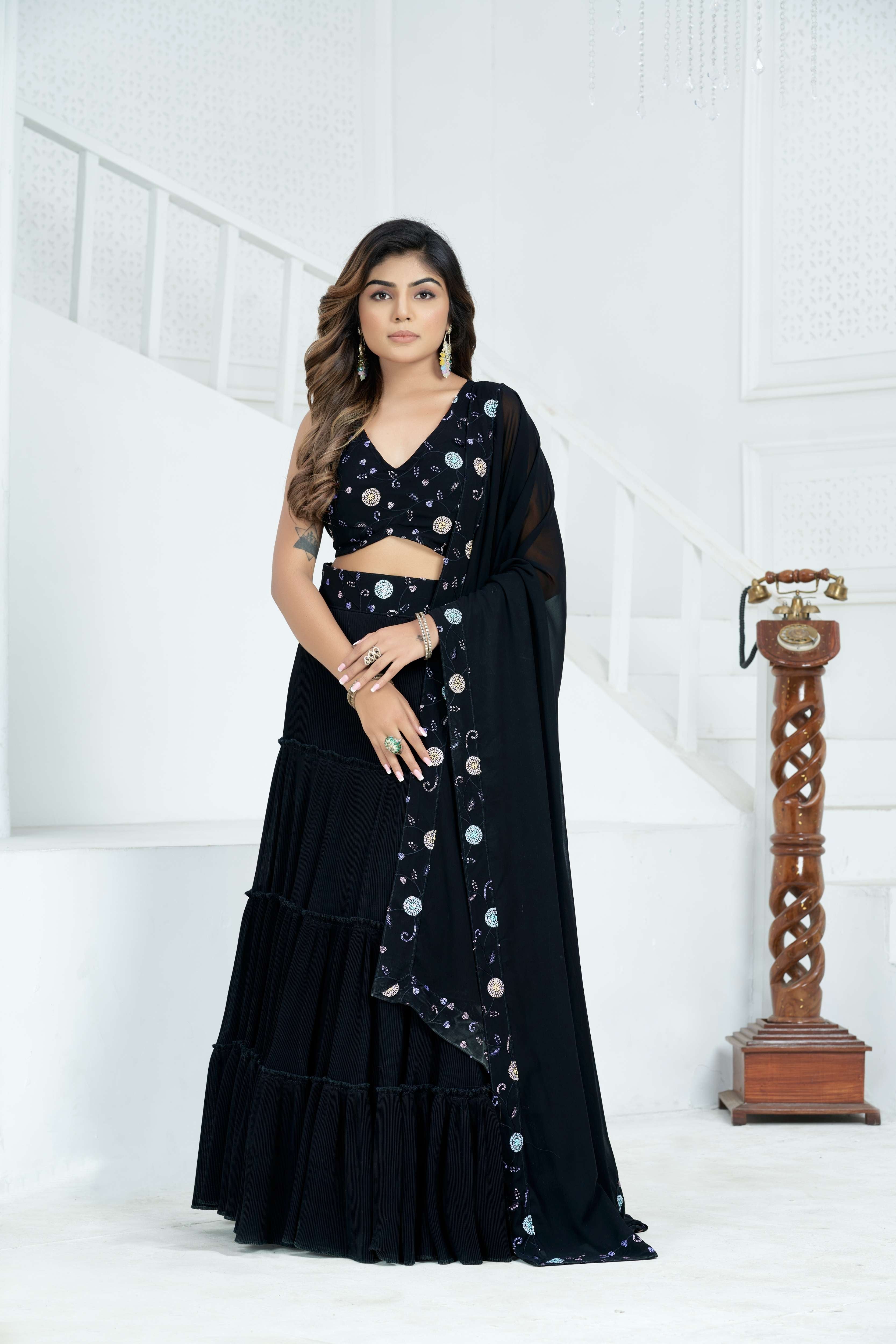 Elevate  Black Zikzak Patterned Embroidery Sequence Ethnic Wear Lehenga Set