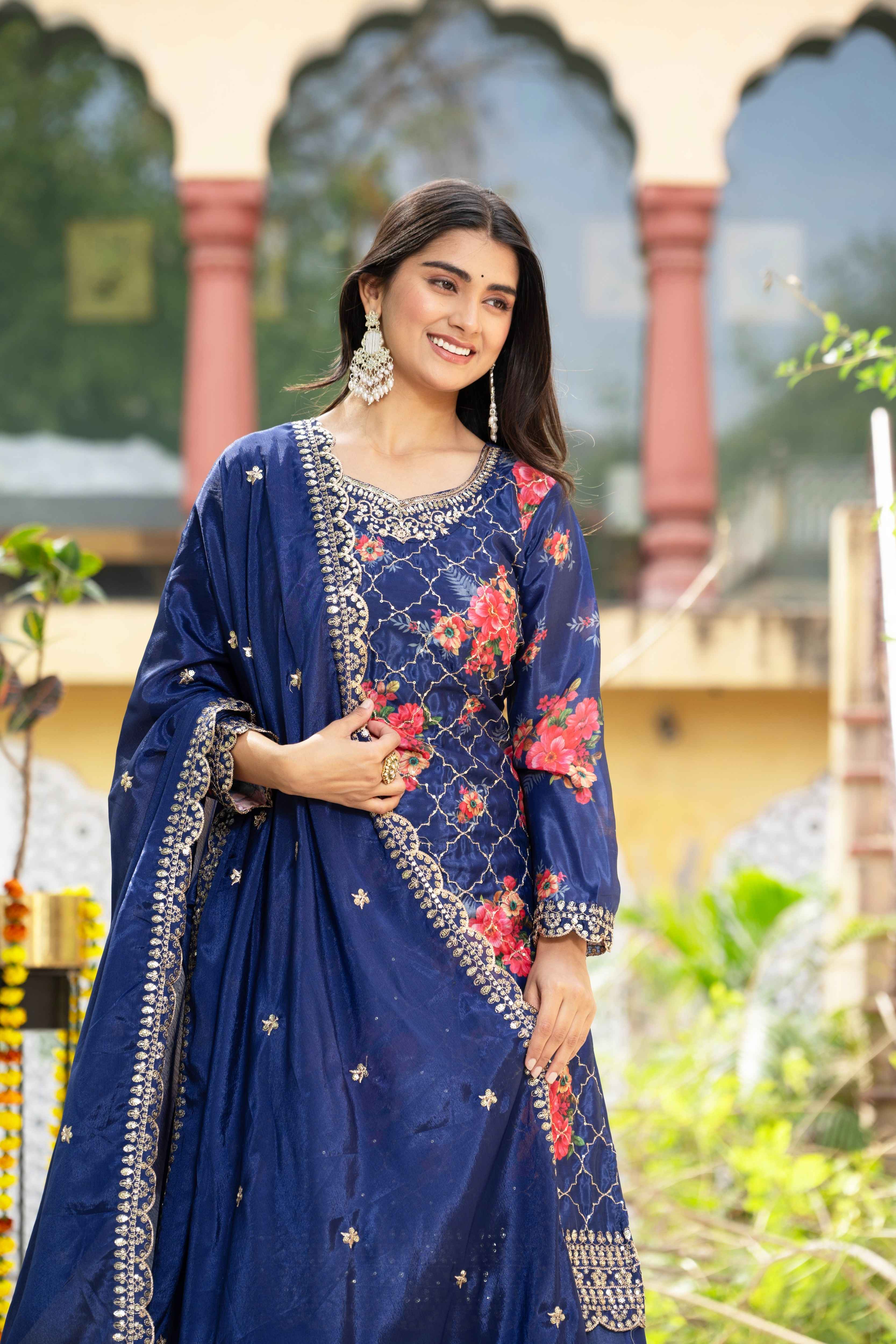Glamorous Navy Blue Silk Digital Printed Embroidery Designer sharara Suit With Dupatta
