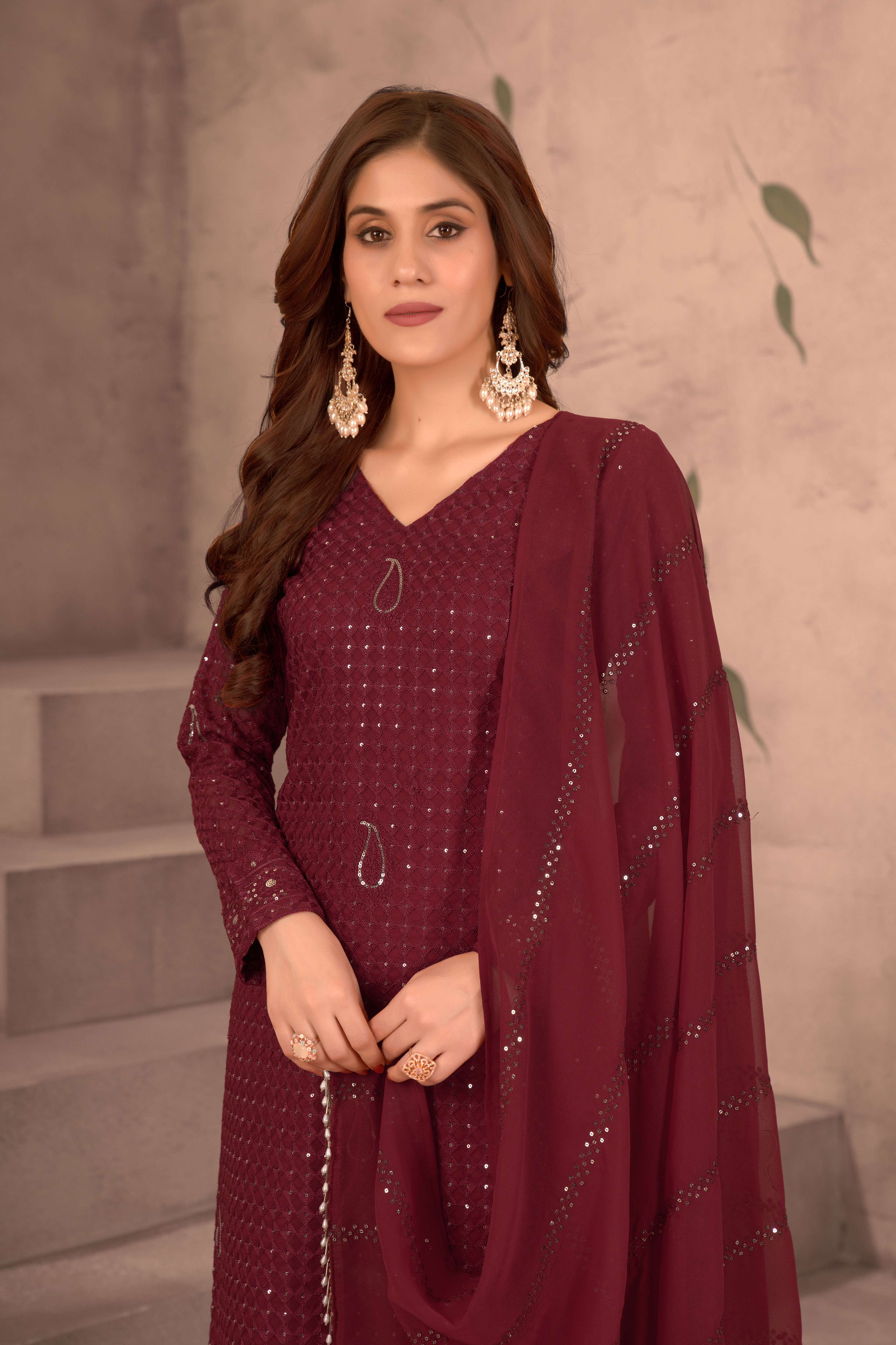 Elegant Maroon Georgette Embroidery Sequence Festive Wear Suit Pant With Dupatta