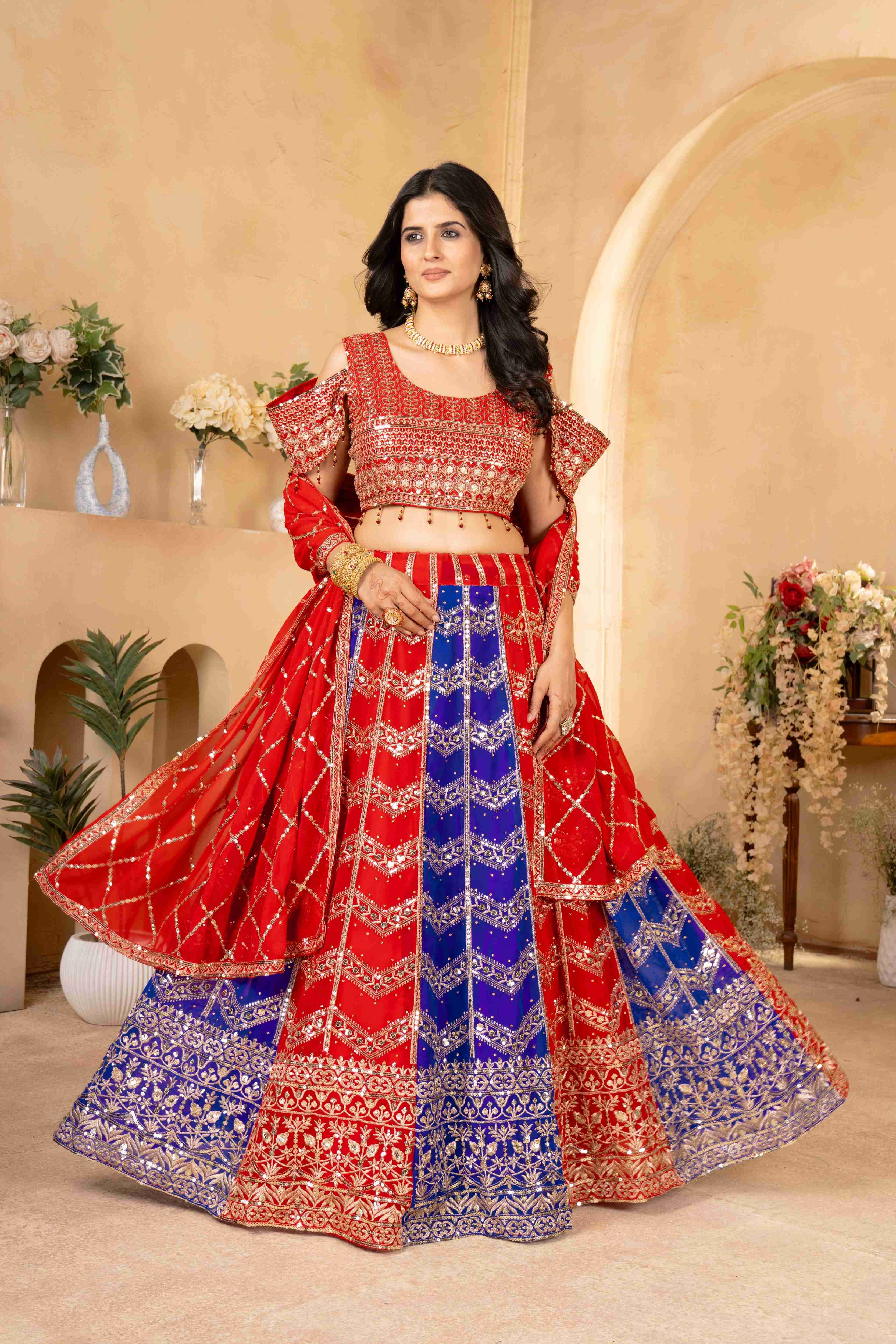 Beautiful Red-Blue Wedding Wear Embroidery Design Sequence Worked Lehenga set