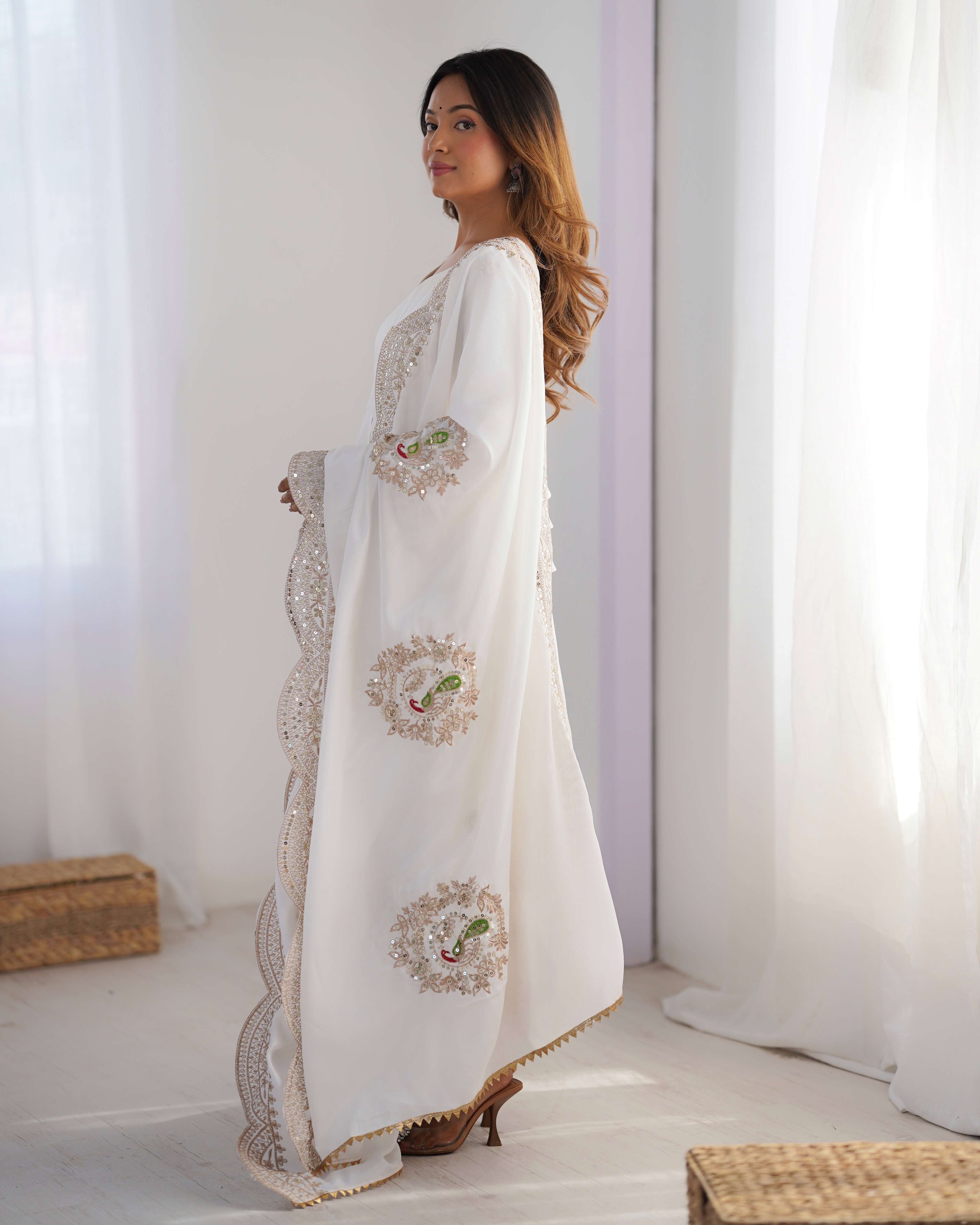Spectacular White Sequence Designer Chinon Anarkali Suit With Dupatta